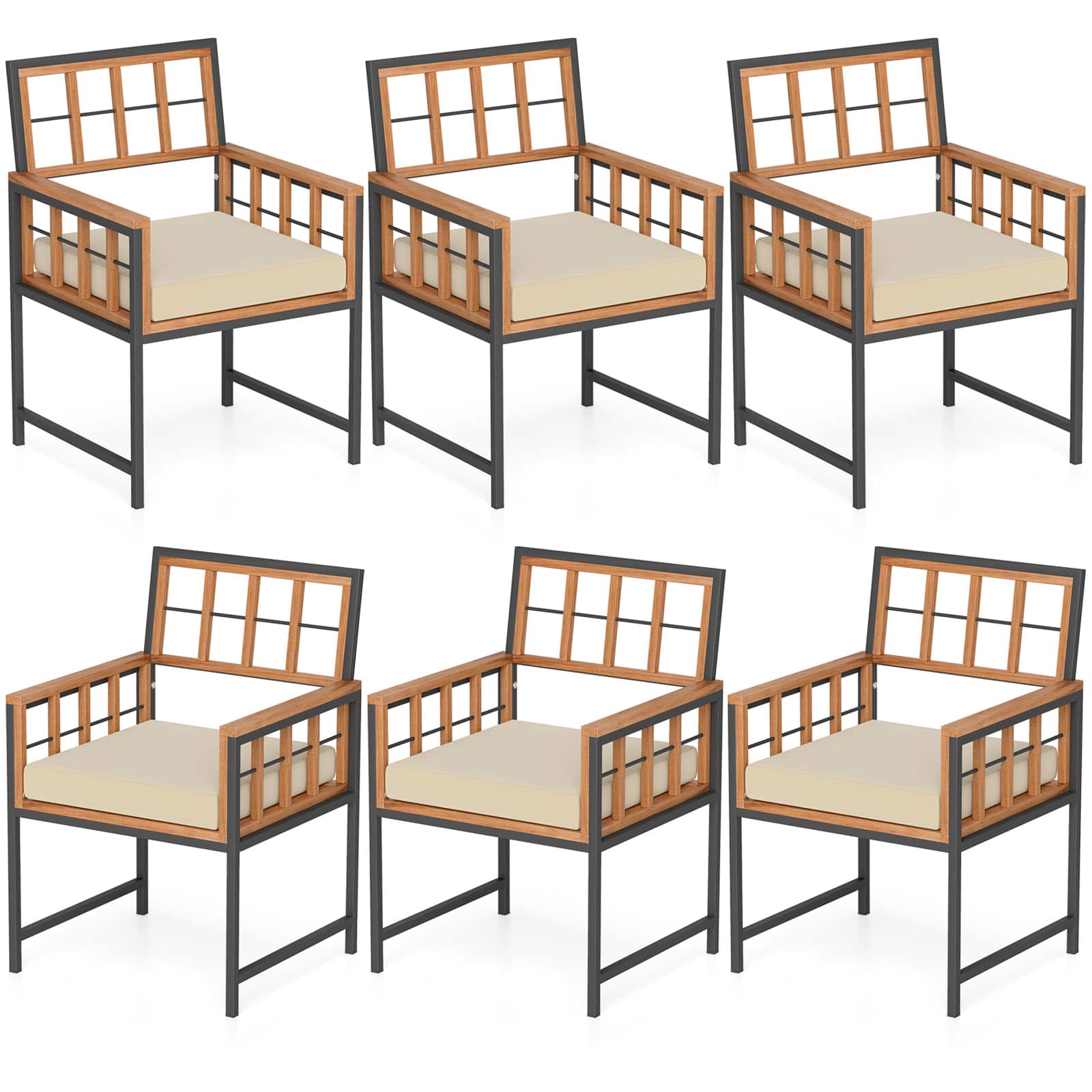 Gymax - Acacia Wood Patio Chairs Set of 6 w/Cushions & Metal Frame 400 lbs Capacity - Brown