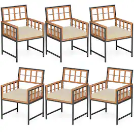 Gymax - Acacia Wood Patio Chairs Set of 6 w/Cushions & Metal Frame 400 lbs Capacity - Brown