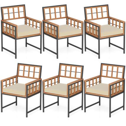 Front. Gymax - Gymax Acacia Wood Patio Chairs Set of 6 w/Cushions & Metal Frame 400 lbs Capacity - Brown.