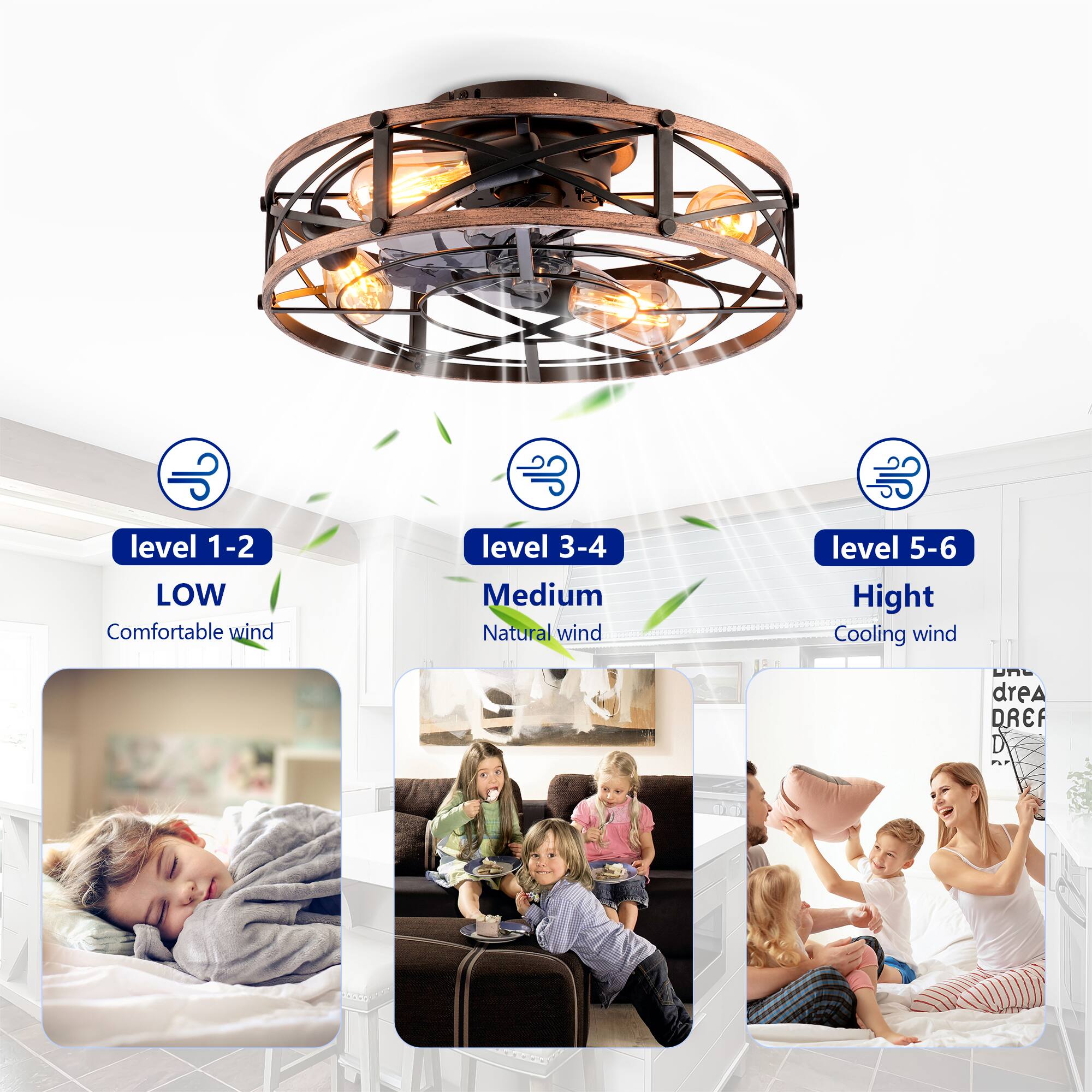 - Level 1-2: LOW Comfortable wind
- Level 3-4: Medium Natural wind
- Level 5-6: High Cooling wind