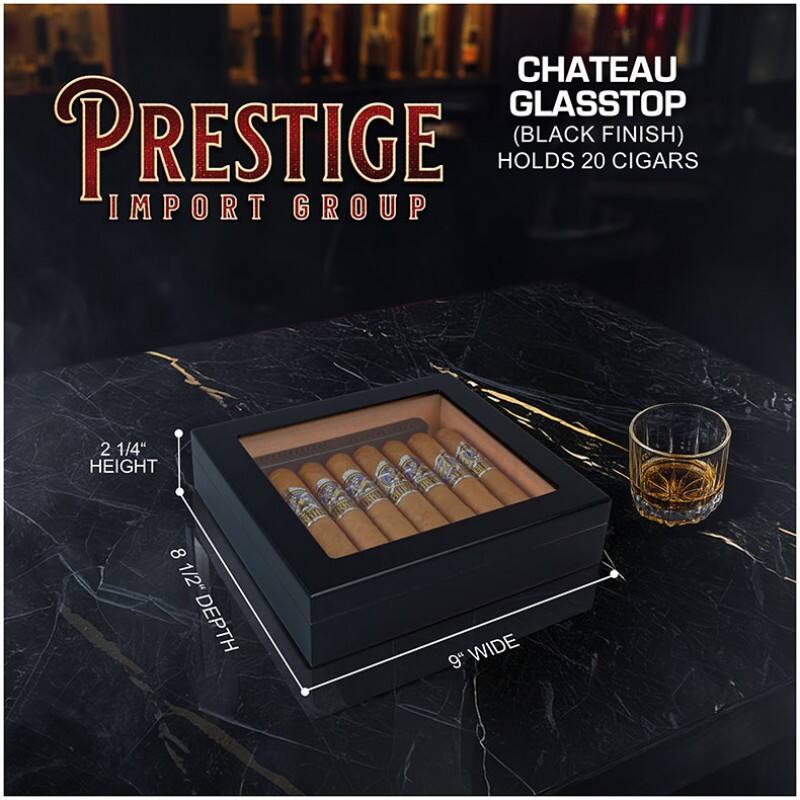 CHATEAU GLASSTOP (BLACK FINISH) HOLDS 20 CIGARS  
IMPORT GROUP  
2 1/4" HEIGHT  
8 1/2" DEPTH  
9" WIDE