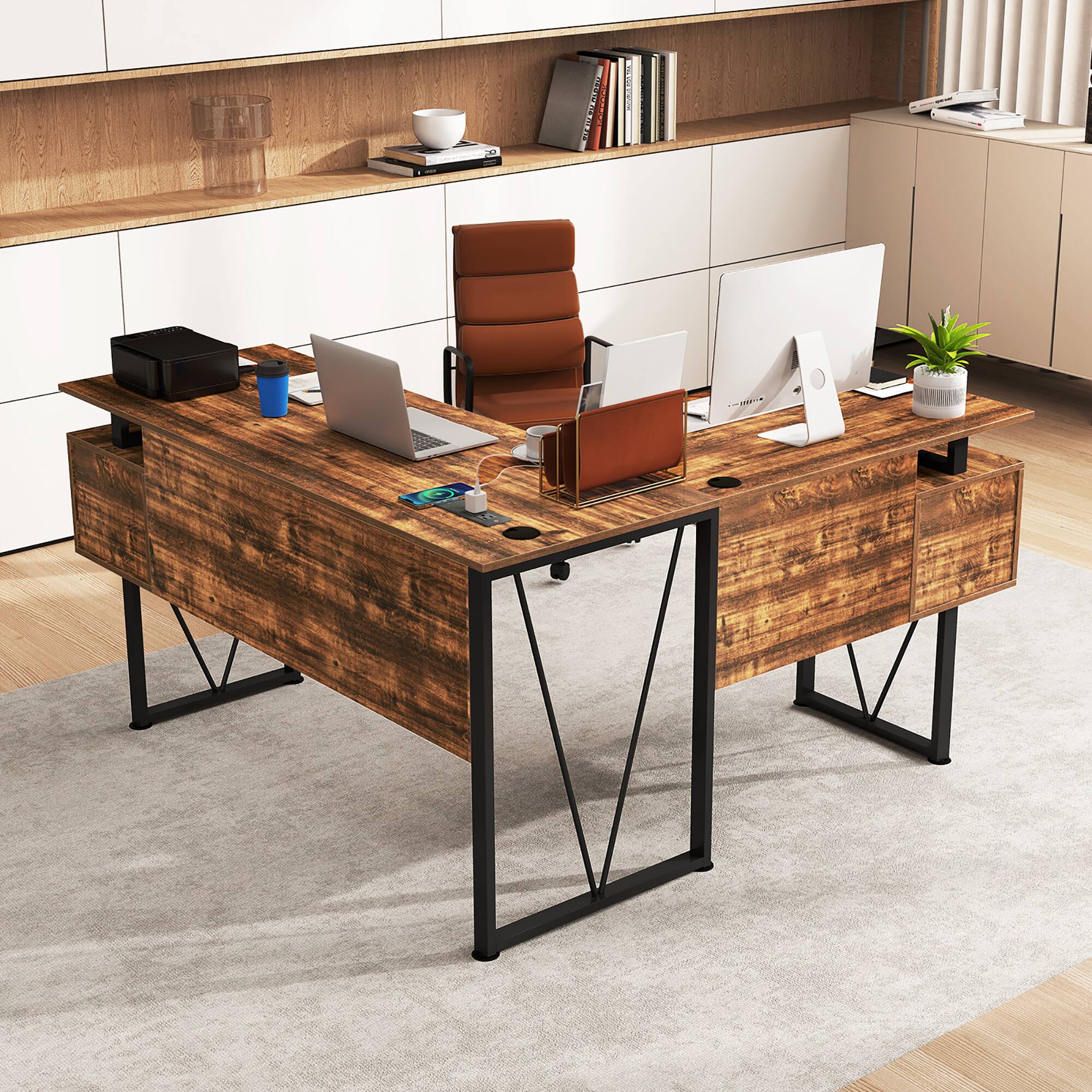 Alt View 4. Gymax - Gymax 59'' L-shaped Computer Desk w/ Charging Station Corner Desk Sturdy Metal Frame - Rustic Brown, Black.