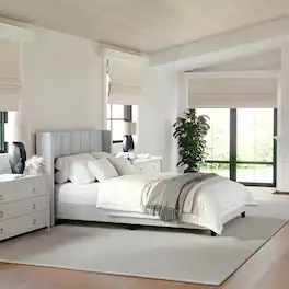 Martha Stewart - Kay Faux Linen Full Size Platform Bed with Channel Stitched Headboard - Gray Fabric/Black Legs