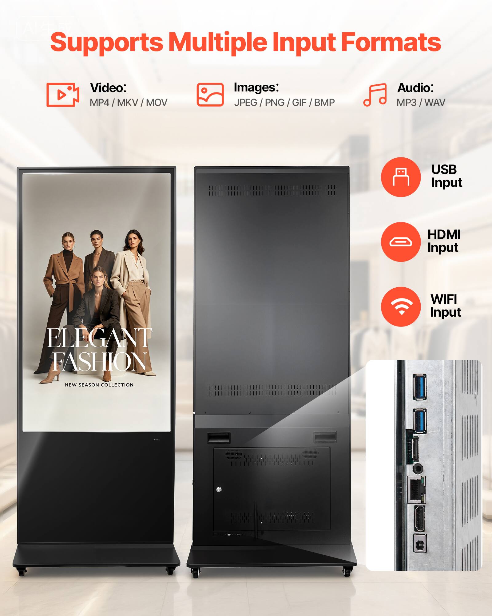 Aldo Supports Multiple Input Formats

Video: MP4 / MKV / MOV

Images: JPEG / PNG / GIF / BMP

Audio: MP3 / WAV

USB Input

HDMI Input

WIFI Input

ELEGANT FASHION NEW SEASON COLLECTION