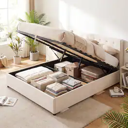 LUCKY ONE - Queen Assembled Lift-up Storage Bed with Linen Upholstered Wingback Headboard Gas Struts - Beige