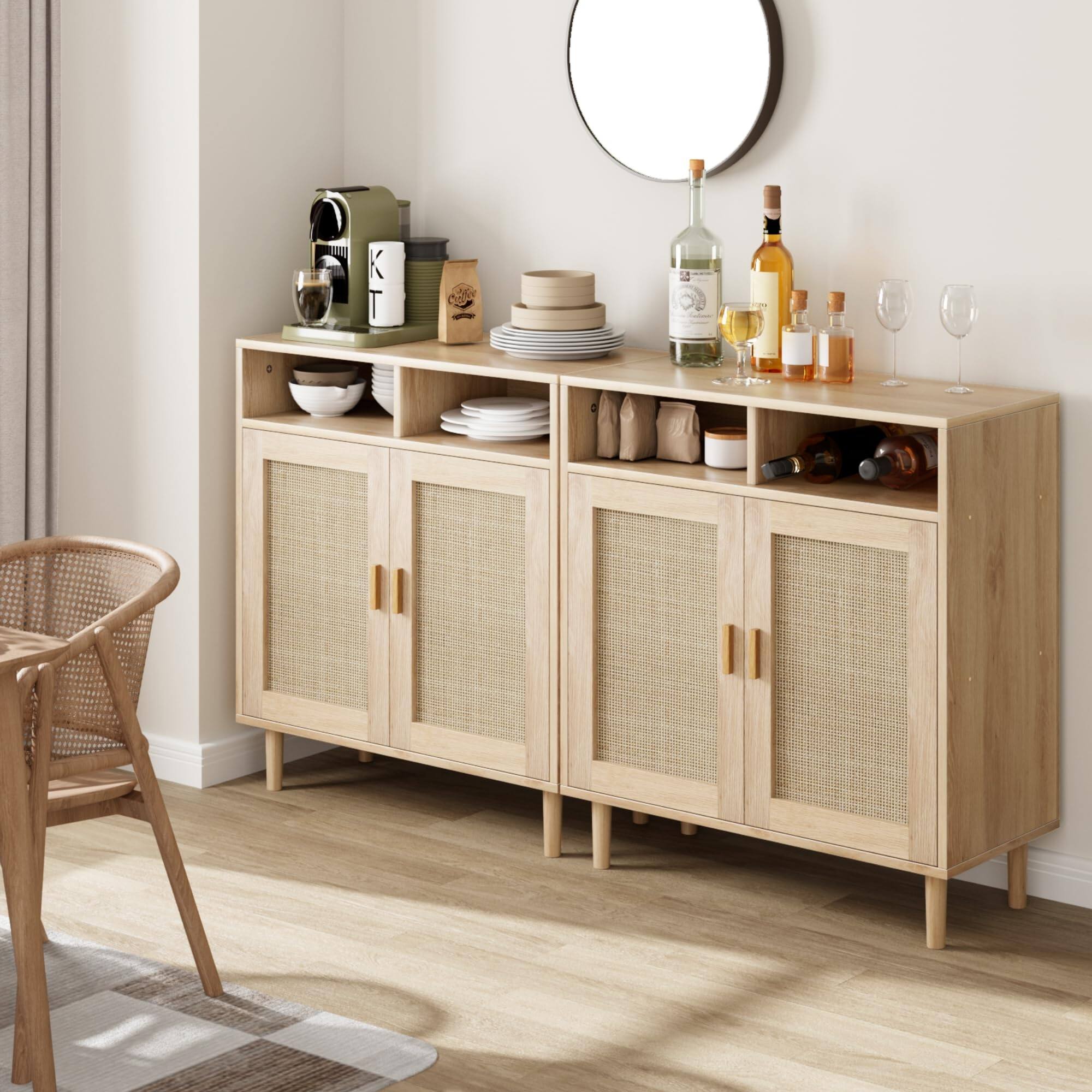 Alt View 2. Babevy - 2 Pack Rattan Sideboard Buffet Cabinet with 2 Doors, Modern Storage for Kitchen, Dining & Coffee Bar - Natural.