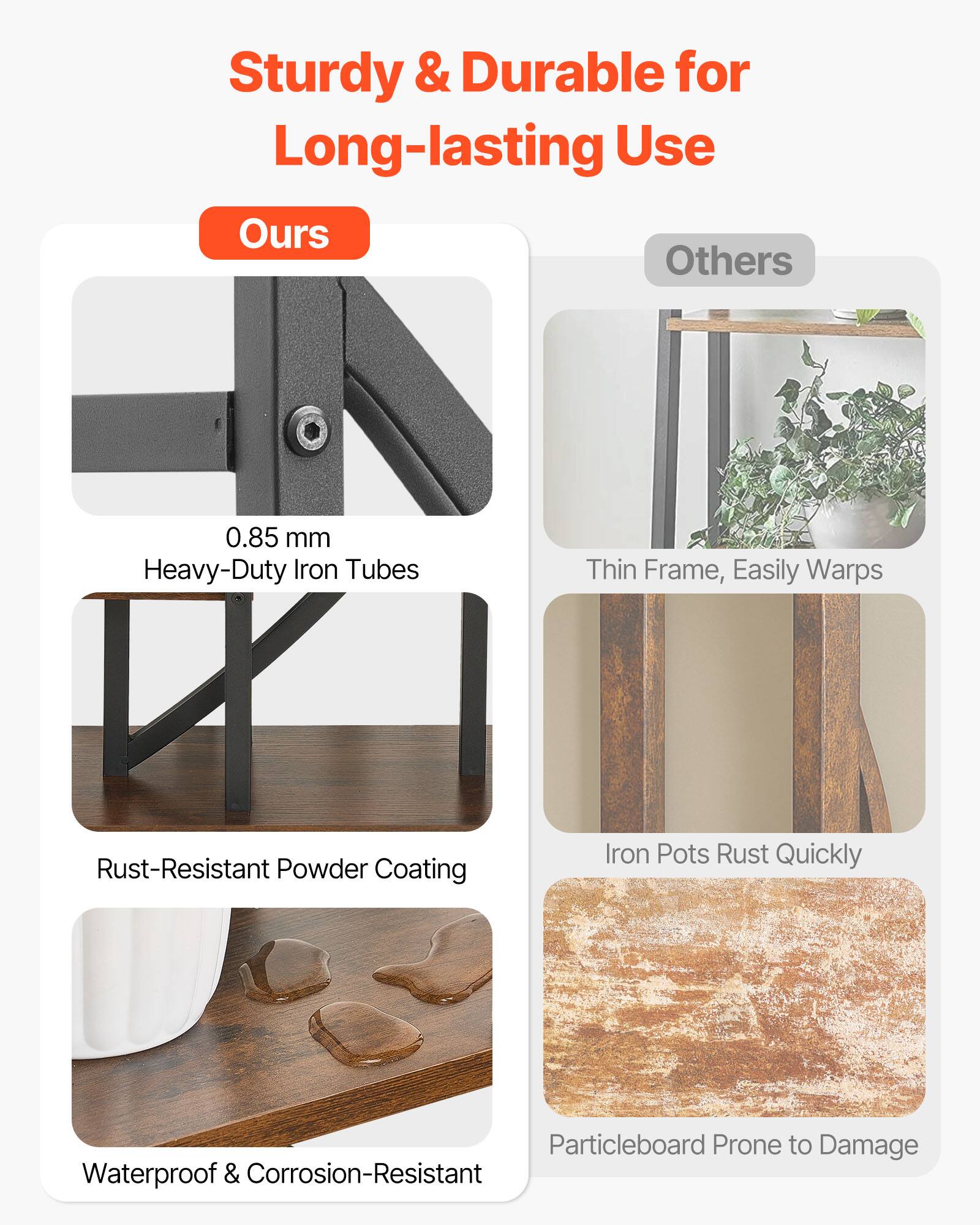 Sturdy & Durable for Long-lasting Use

Ours:
- 0.85 mm Heavy-Duty Iron Tubes
- Rust-Resistant Powder Coating
- Waterproof & Corrosion-Resistant

Others:
- Thin Frame, Easily Warps
- Iron Pots Rust Quickly
- Particleboard Prone to Damage