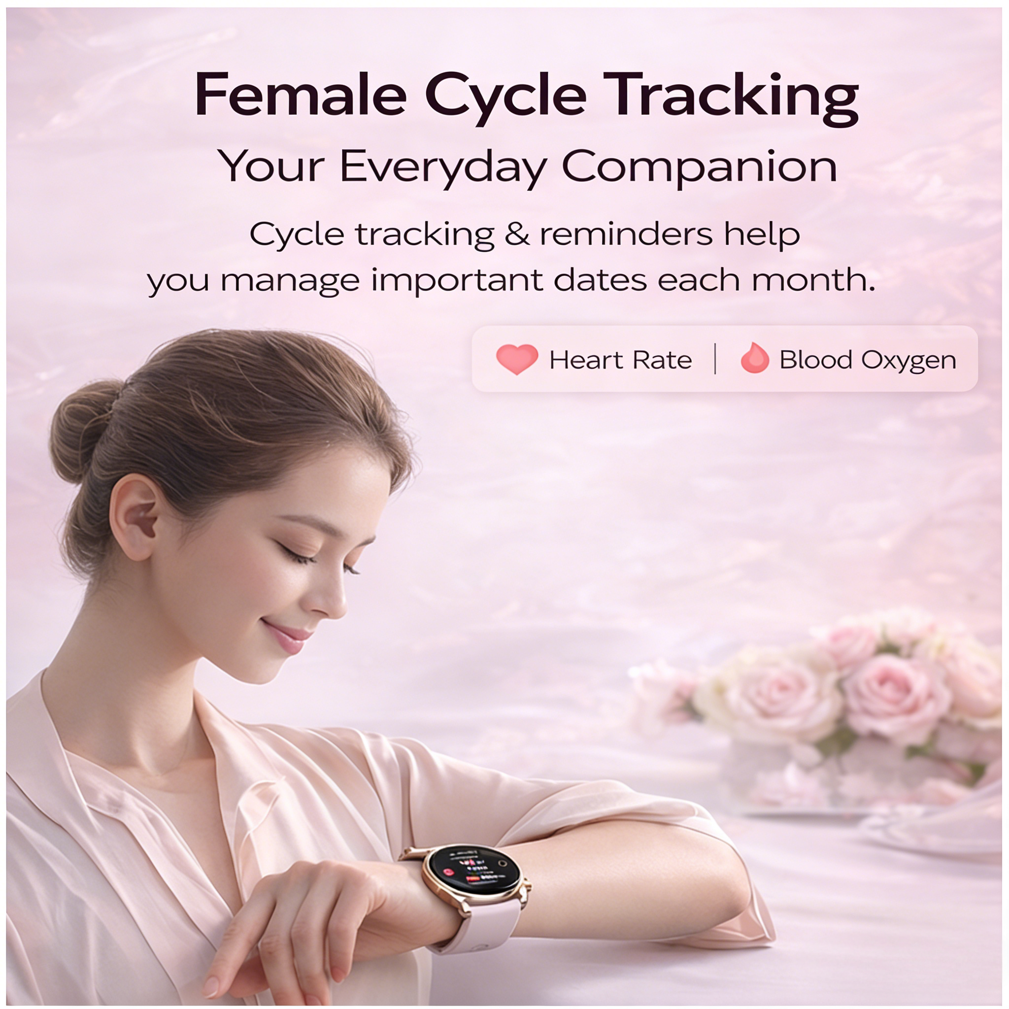 Female Cycle Tracking  
Your Everyday Companion  

Cycle tracking & reminders help you manage important dates each month.  

Heart Rate | Blood Oxygen