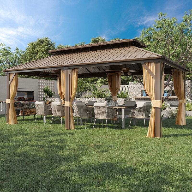 Angle. U-HOMY - Patio Aluminum Hardtop Gazebo – Double Galvanized Steel Roof, All-Weather Permanent Pavilion with Curtains & Netting - 12'x20'.