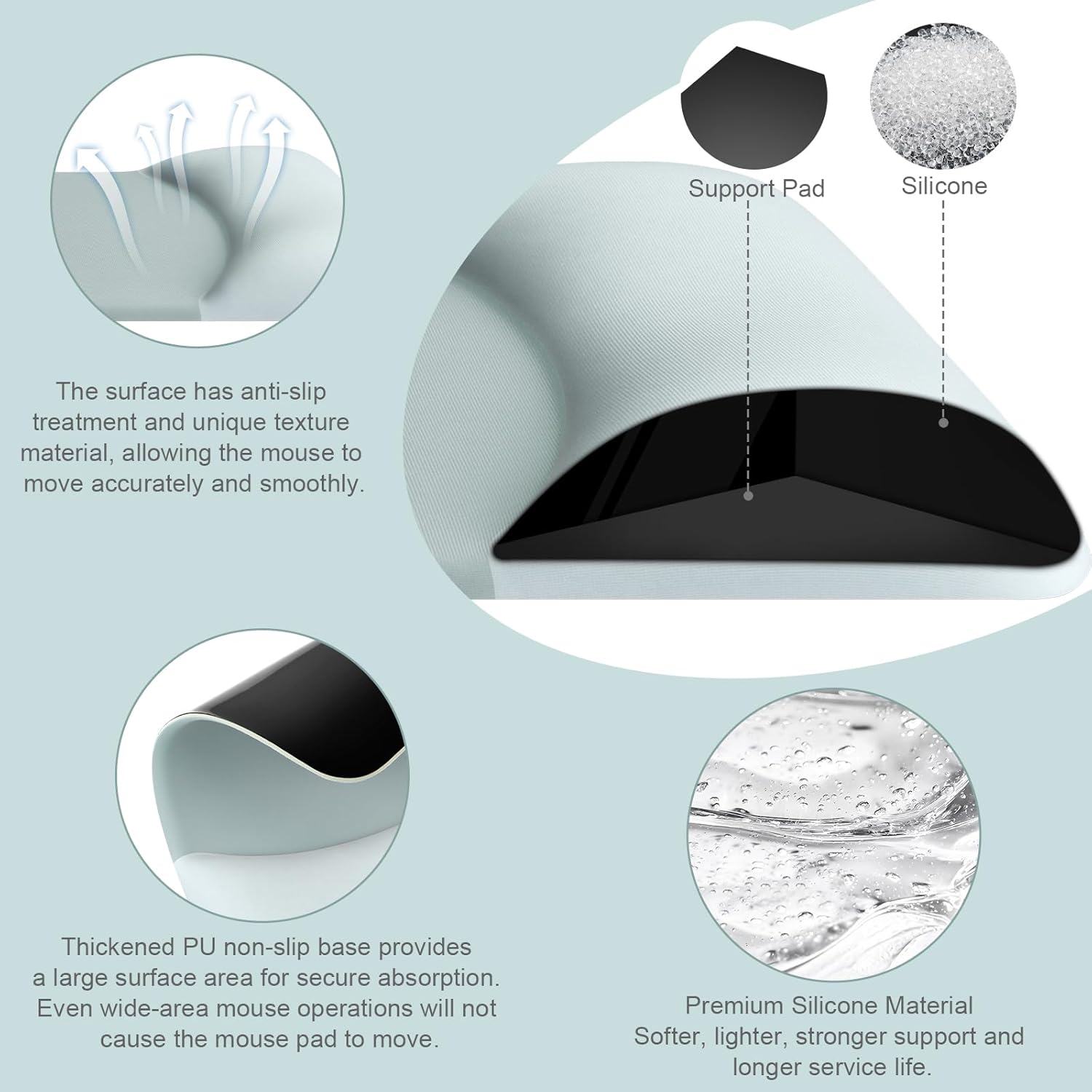 Support Pad Silicone

The surface has anti-slip treatment and unique texture material, allowing the mouse to move accurately and smoothly.

Thickened PU non-slip base provides a large surface area for secure absorption. Even wide-area mouse operations will not cause the mouse pad to move.

Premium Silicone Material
Softer, lighter, stronger support and longer service life.