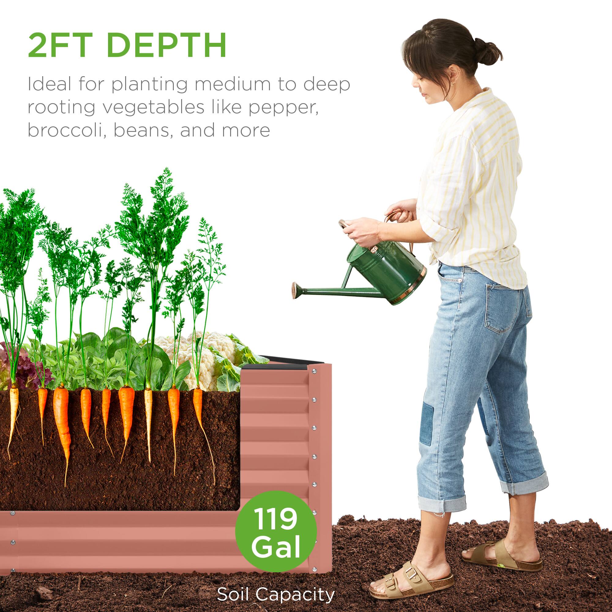 2FT DEPTH  
Ideal for planting medium to deep rooting vegetables like pepper, broccoli, beans, and more  

119 Gal  
Soil Capacity