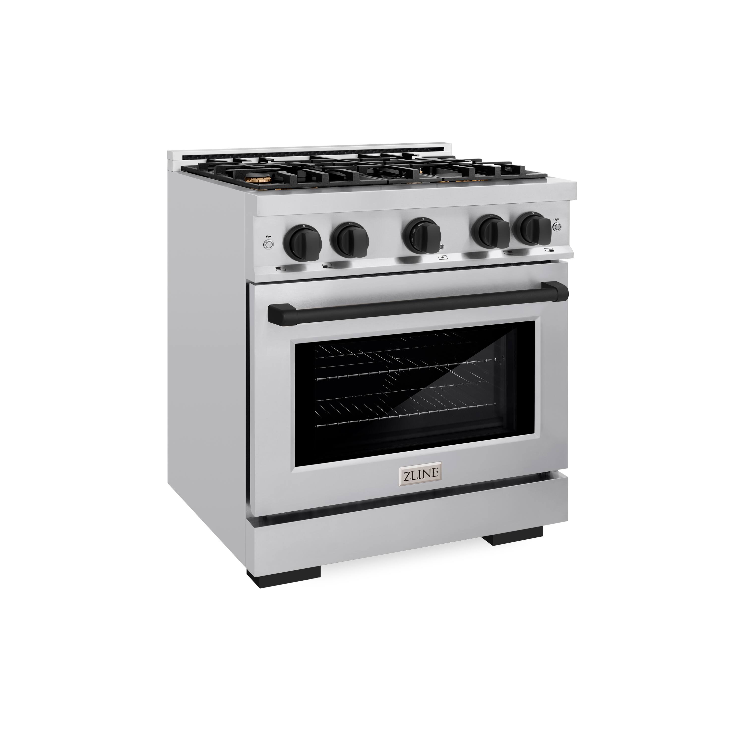 Angle. ZLINE - ZLINE Autograph Edition 30" Freestanding Select Gas Range w/ 4 Burners & Matte Black Accents (HGRZ-30-MB) - Stainless Steel.