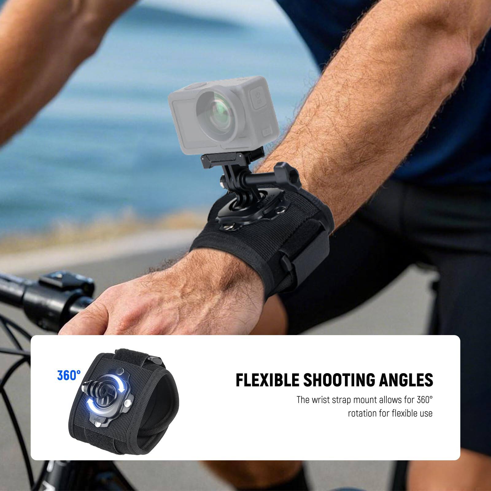 360° FLEXIBLE SHOOTING ANGLES  
The wrist strap mount allows for 360° rotation for flexible use