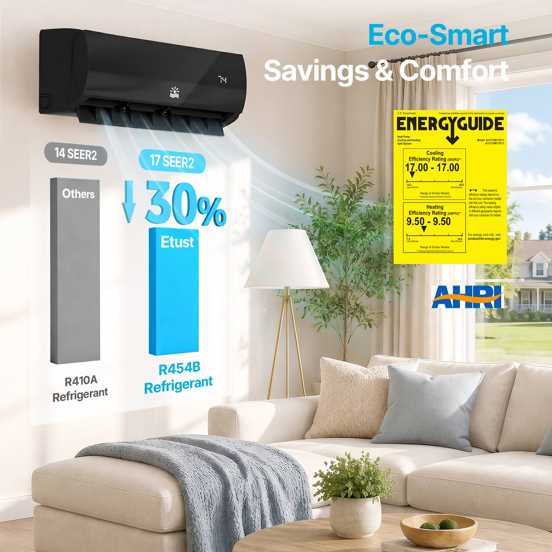 74 Eco-Smart Savings & Comfort

14 SEER2 Others 17 SEER2 30% Etust

ENERGYGUIDE

Cooling Efficiency Rating SEER: 17.00 - 17.00

Heating Efficiency Rating HSPF: 9.50 - 9.50

R410A Refrigerant

R454B Refrigerant