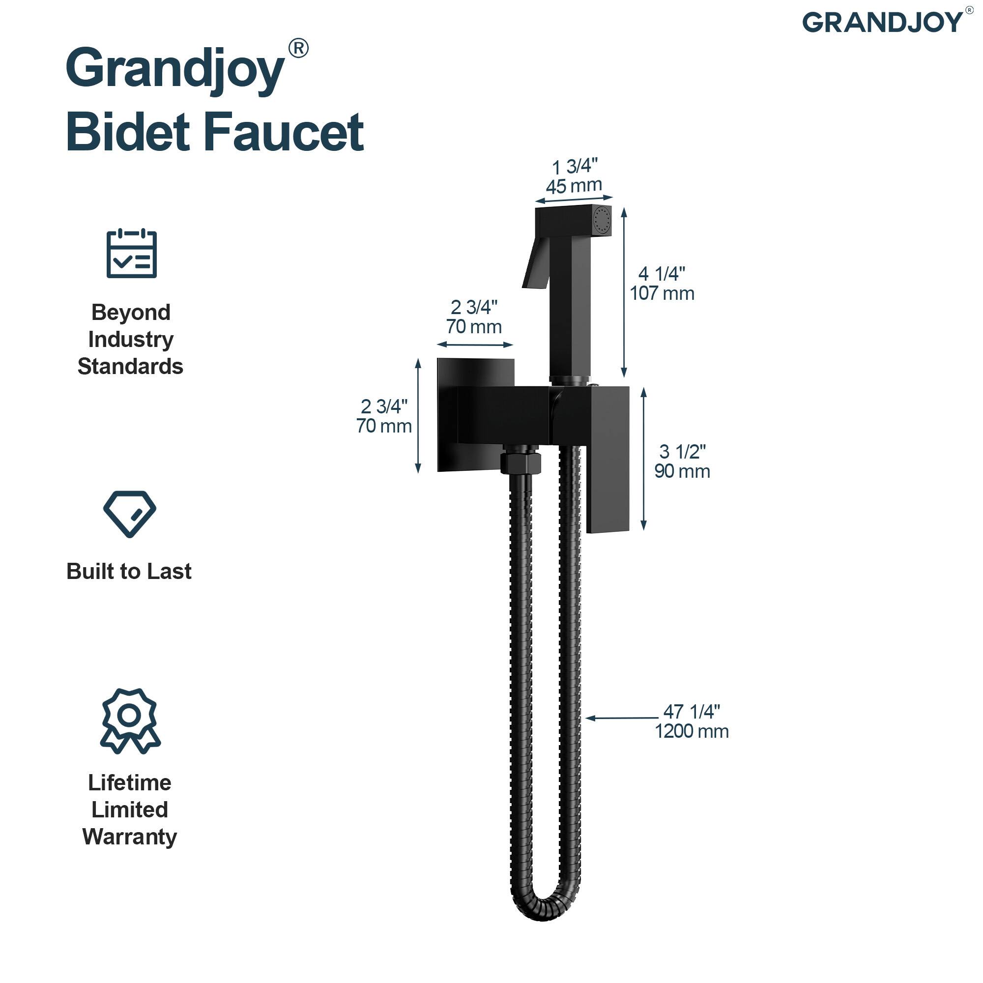 Grandjoy Bidet Faucet

Beyond Industry Standards

Built to Last

Lifetime Limited Warranty

1 3/4" 45 mm

2 3/4" 70 mm

4 1/4" 107 mm

3 1/2" 90 mm

47 1/4" 1200 mm