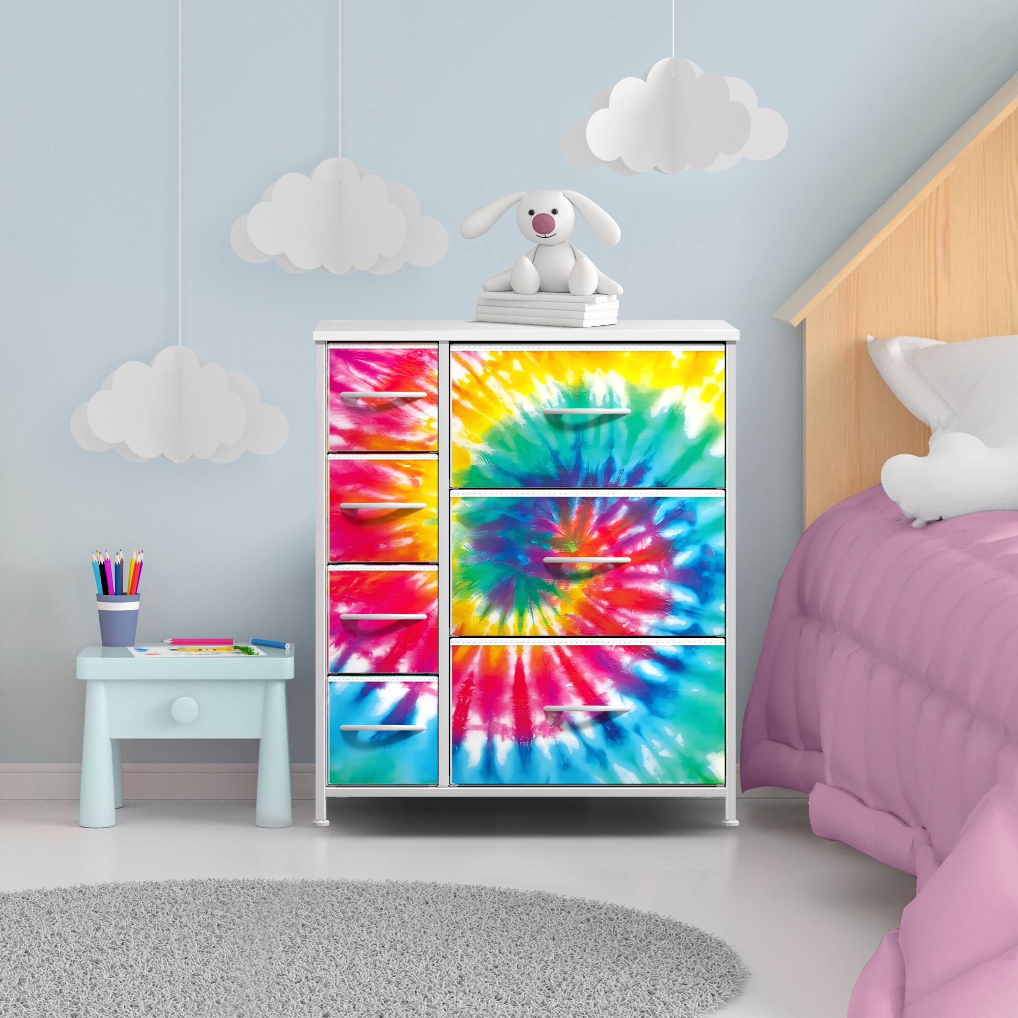 Angle. Sorbus - Sorbus Dresser with 7 Drawers - Storage Chest Organizer with Steel Frame, Wood Top, Handles, Fabric Bins - Tie Dye Pastel.