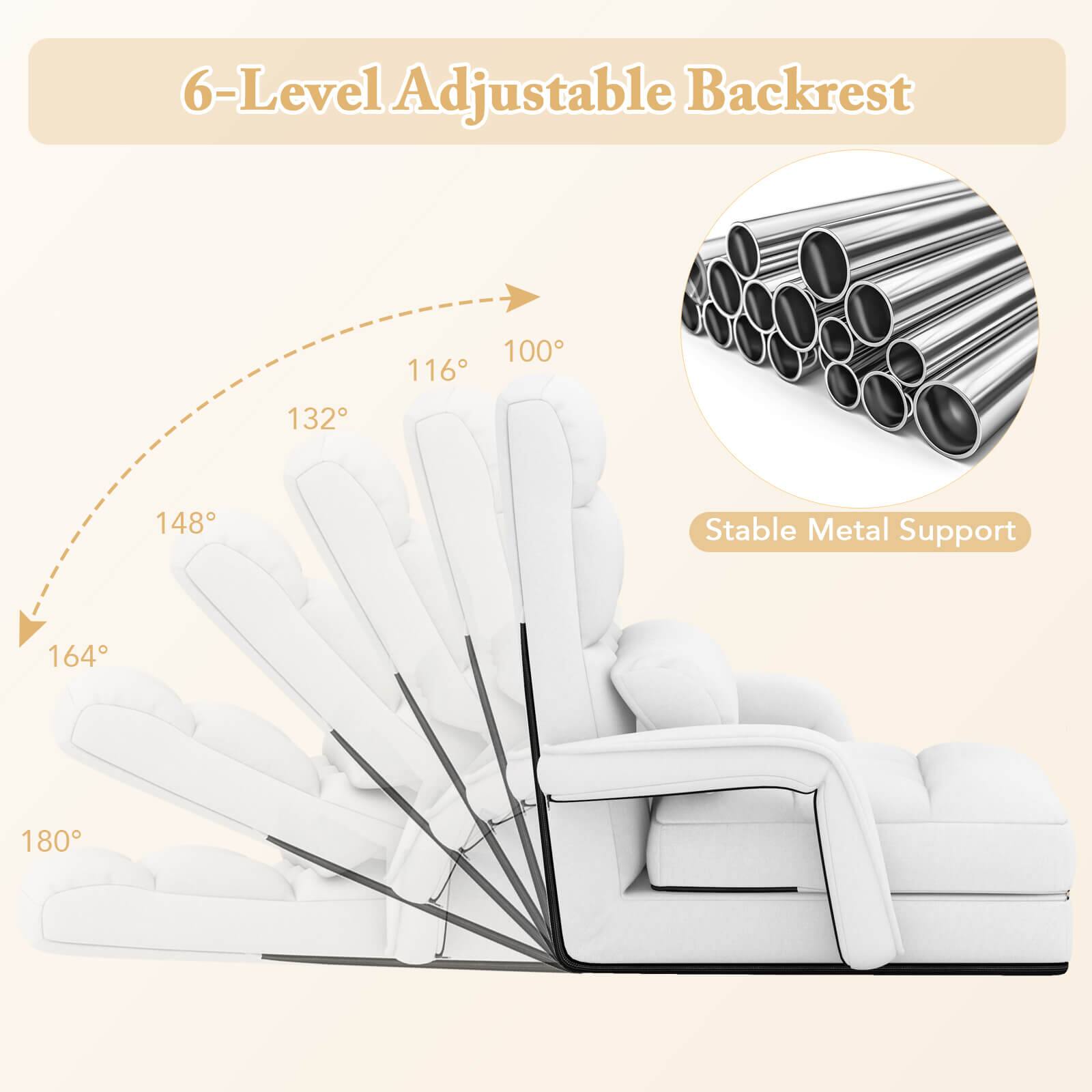 6-Level Adjustable Backrest

148° 164° 180° 132° 116° 100°

Stable Metal Support