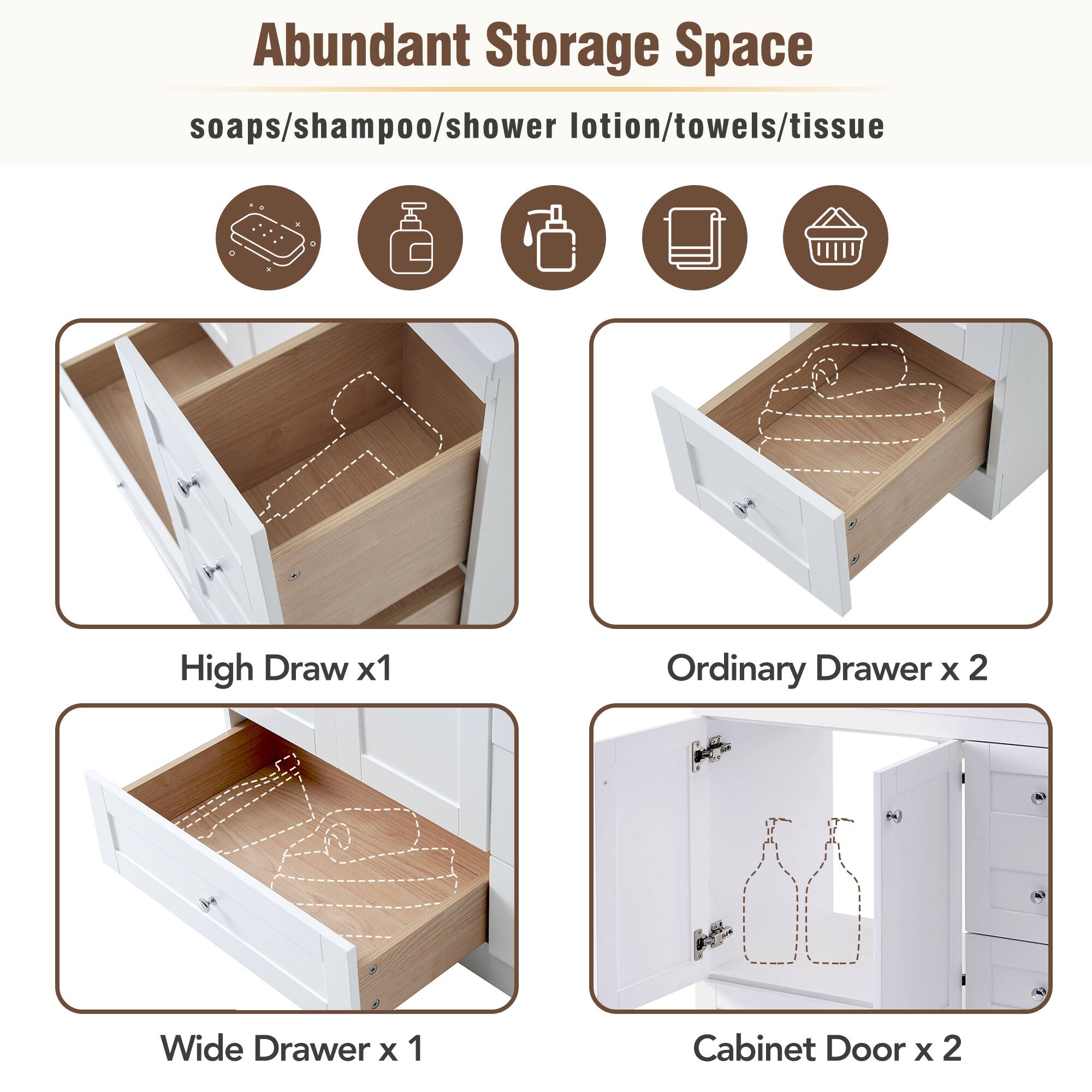 Abundant Storage Space  
soaps/shampoo/shower lotion/towels/tissue  

High Draw x1  
Ordinary Drawer x 2  
Wide Drawer x 1  
Cabinet Door x 2