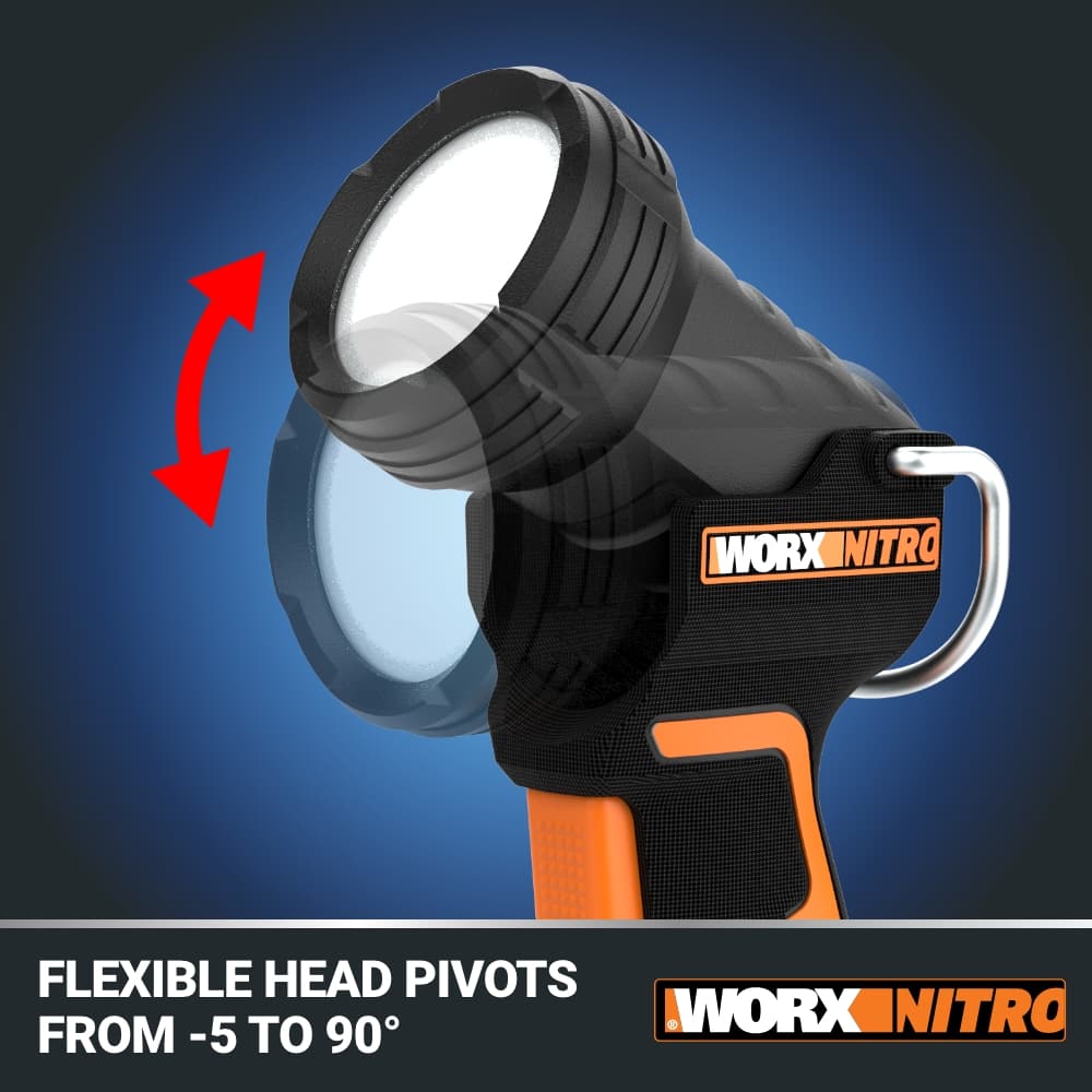 The text on the image reads: "WORX NITRO FLEXIBLE HEAD PIVOTS FROM -5 TO 90".