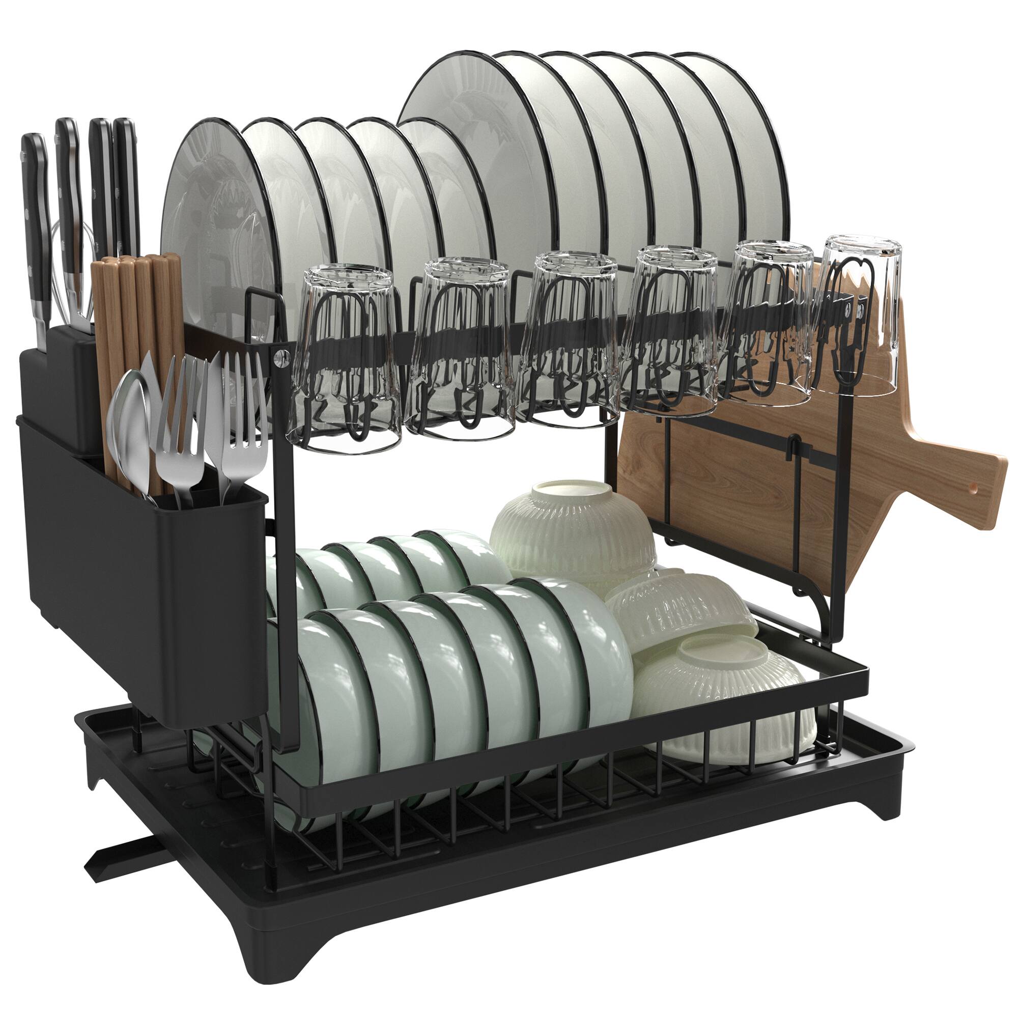 Front. Malletson - 2 Tier Anti-Rust Dish Drying Rack with Drainage Spout for Kitchen - Black.