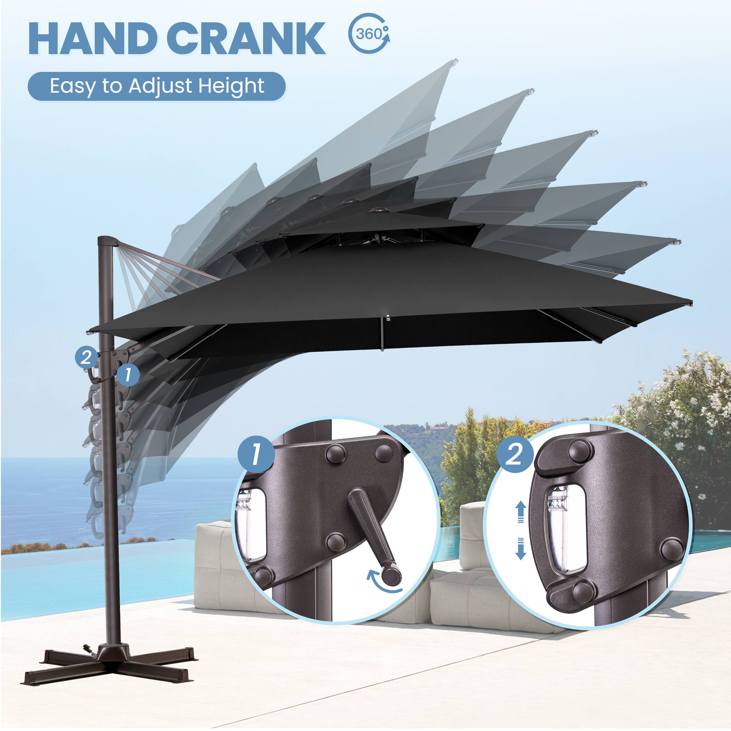 HAND CRANK  
Easy to Adjust Height  
360°  

1  
2