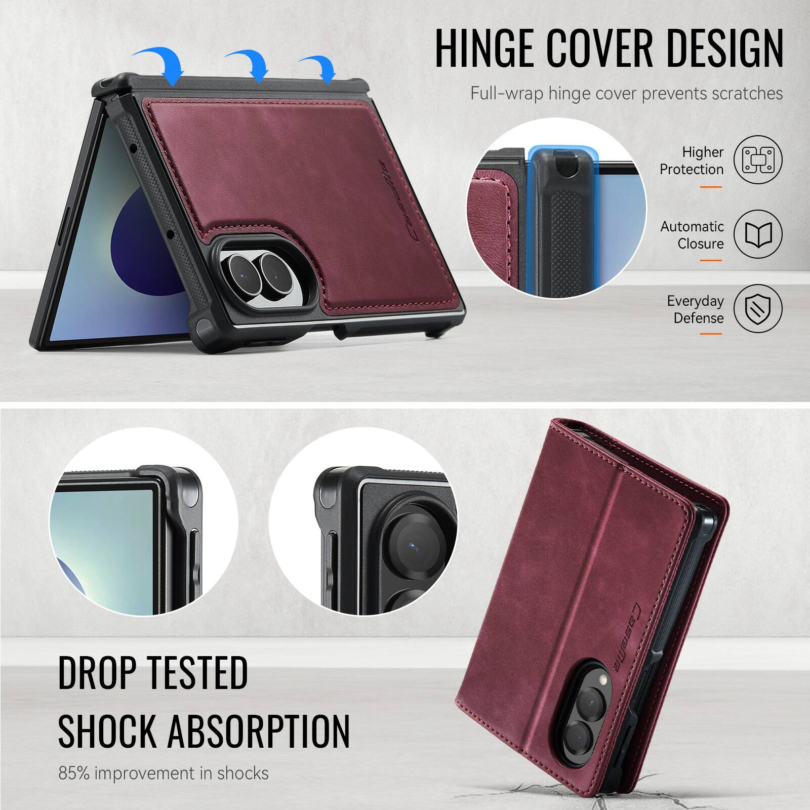 HINGE COVER DESIGN  
Full-wrap hinge cover prevents scratches  
Higher Protection  
Automatic Closure  
Everyday Defense  

DROP TESTED SHOCK ABSORPTION  
85% improvement in shocks