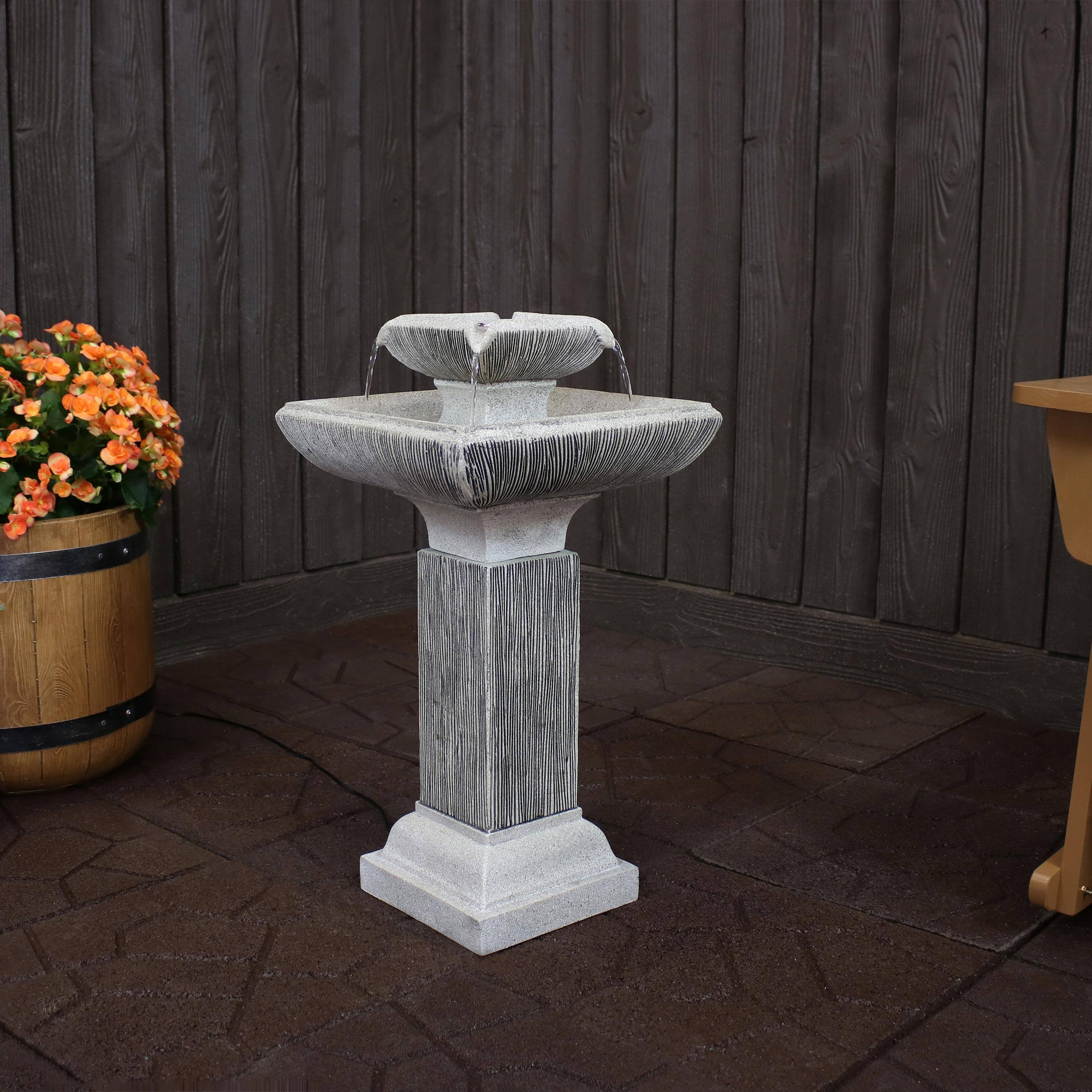 Alt View 3. Sunnydaze - Square Resin Outdoor 2-Tier Bird Bath Water Fountain with Lights - Grey.