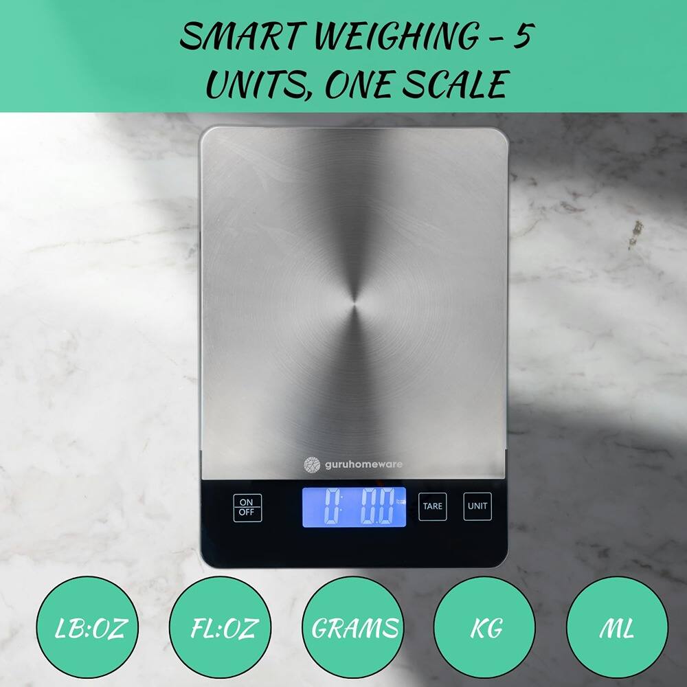 SMART WEIGHING - 5 UNITS, ONE SCALE

guruhomeware

ON/OFF TARE UNIT

LB:OZ FL:OZ GRAMS KG ML