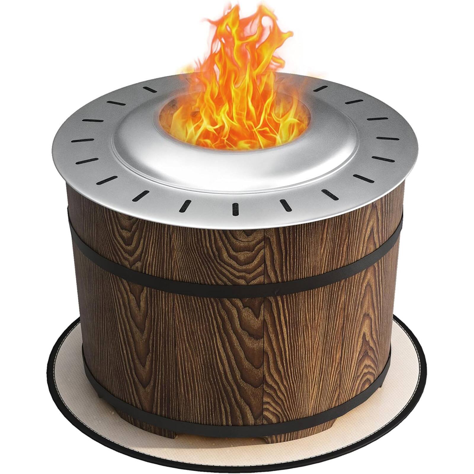 Chateau Abodes - 20" Smokeless Fire Pit, Barrel Style Portable Wood Burning with Fireproof Mat, Magnesium Oxide Low Smoke - Brown