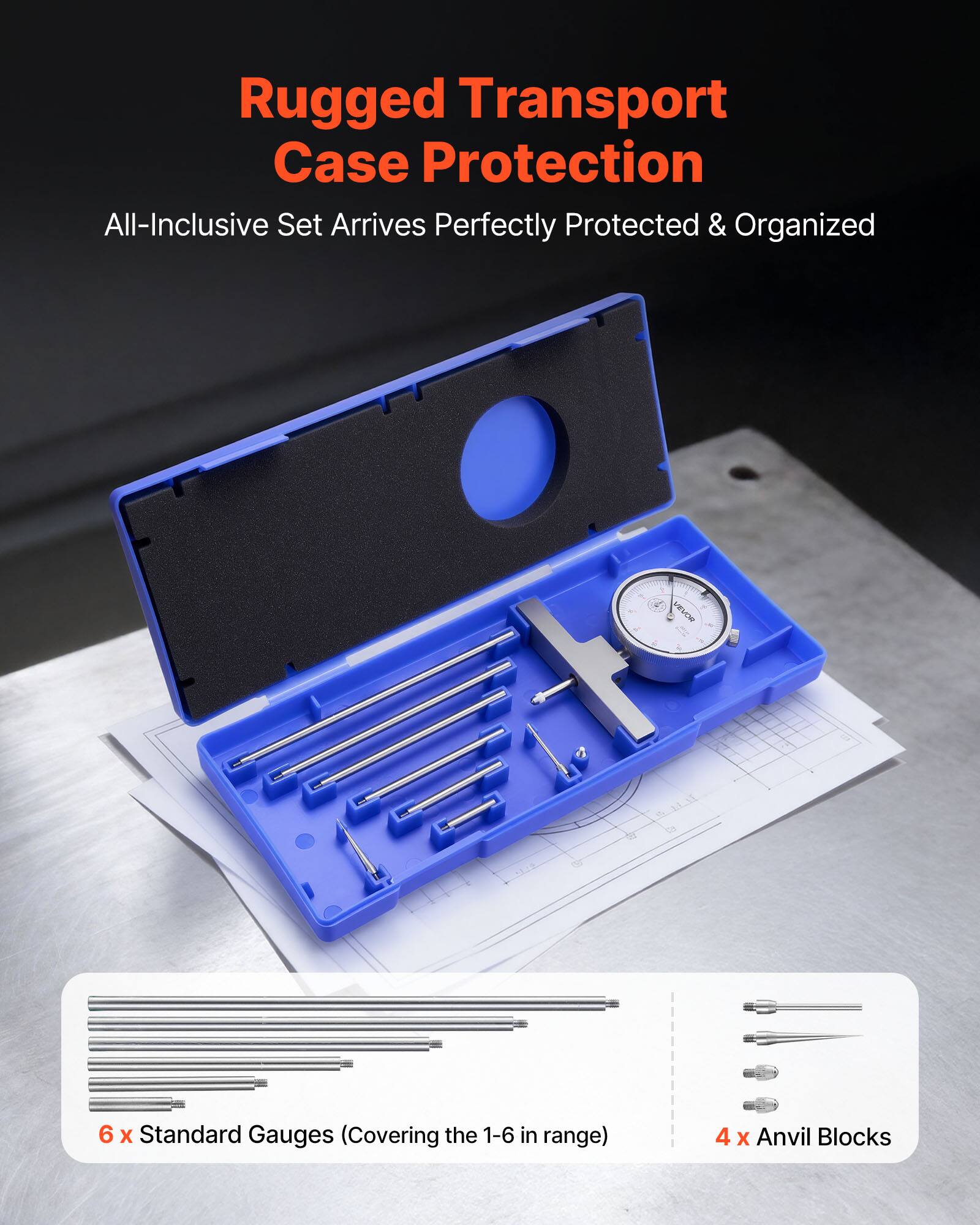 Rugged Transport Case Protection  
All-Inclusive Set Arrives Perfectly Protected & Organized  

6 x Standard Gauges (Covering the 1-6 in range)  
4 x Anvil Blocks