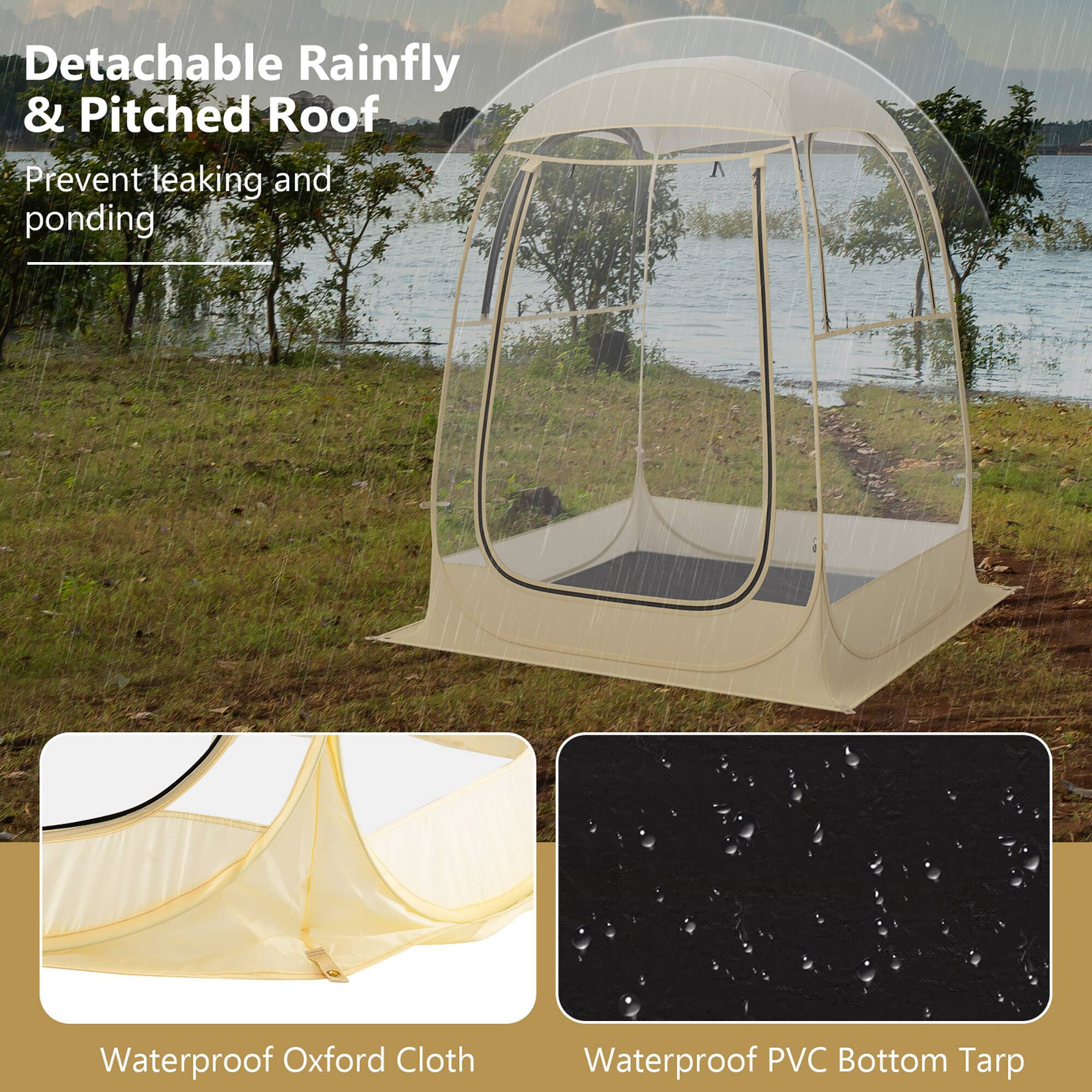 Detachable Rainfly & Pitched Roof  
Prevent leaking and ponding  

Waterproof Oxford Cloth  
Waterproof PVC Bottom Tarp