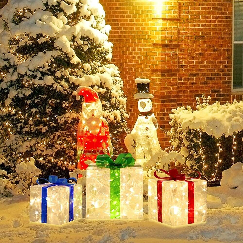 Back. Schertz - "Set of 3 Lighted Christmas Gift Boxes with 70 LEDs, Outdoor Yard Decor" - multicolor.