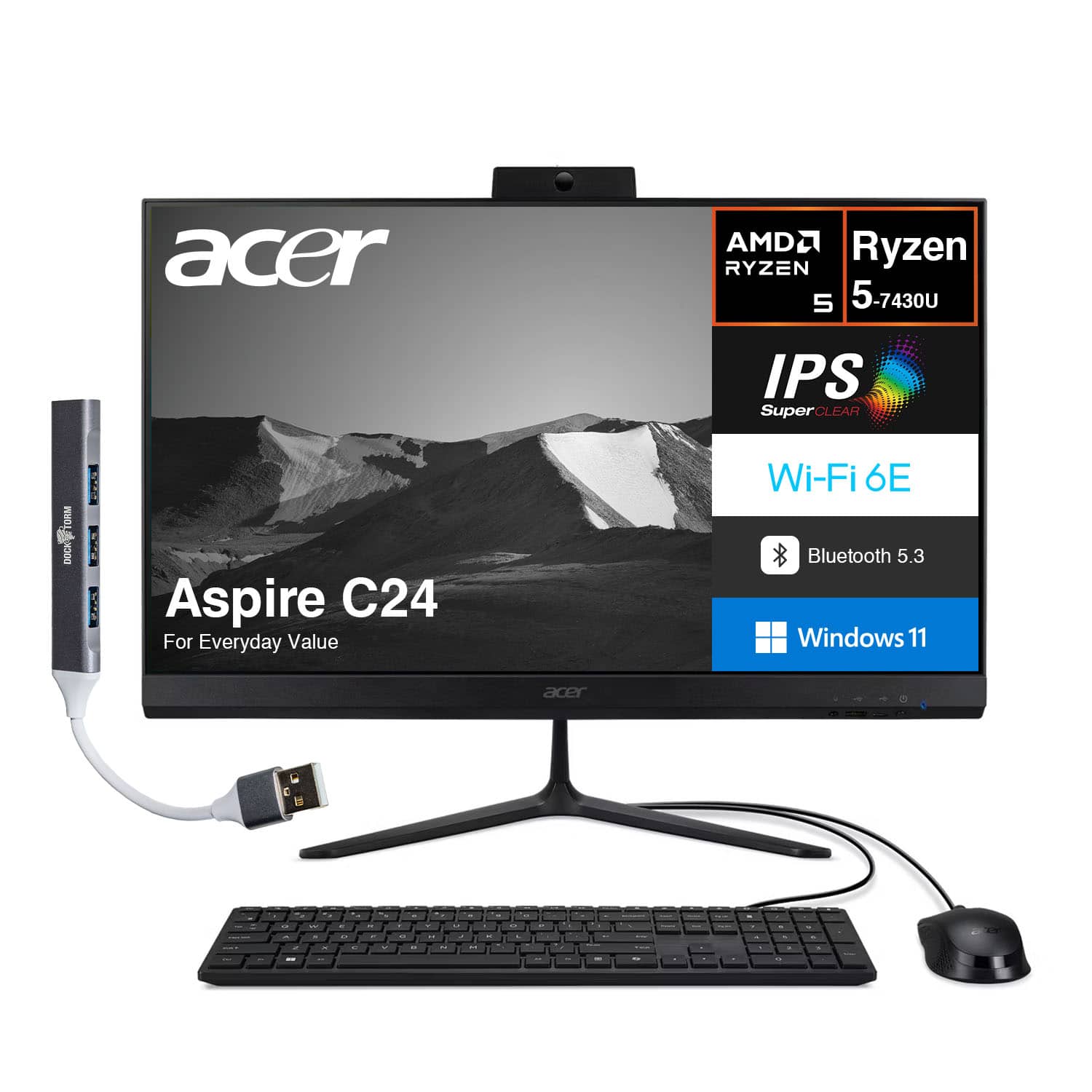 Acer - Aspire C24 All-in-One 23.8 FHD (AMD Ryzen 5 7430U, 16GB DDR4, 512GB PCIe SSD, Win 11 Pro) w/USB Hub - Black
