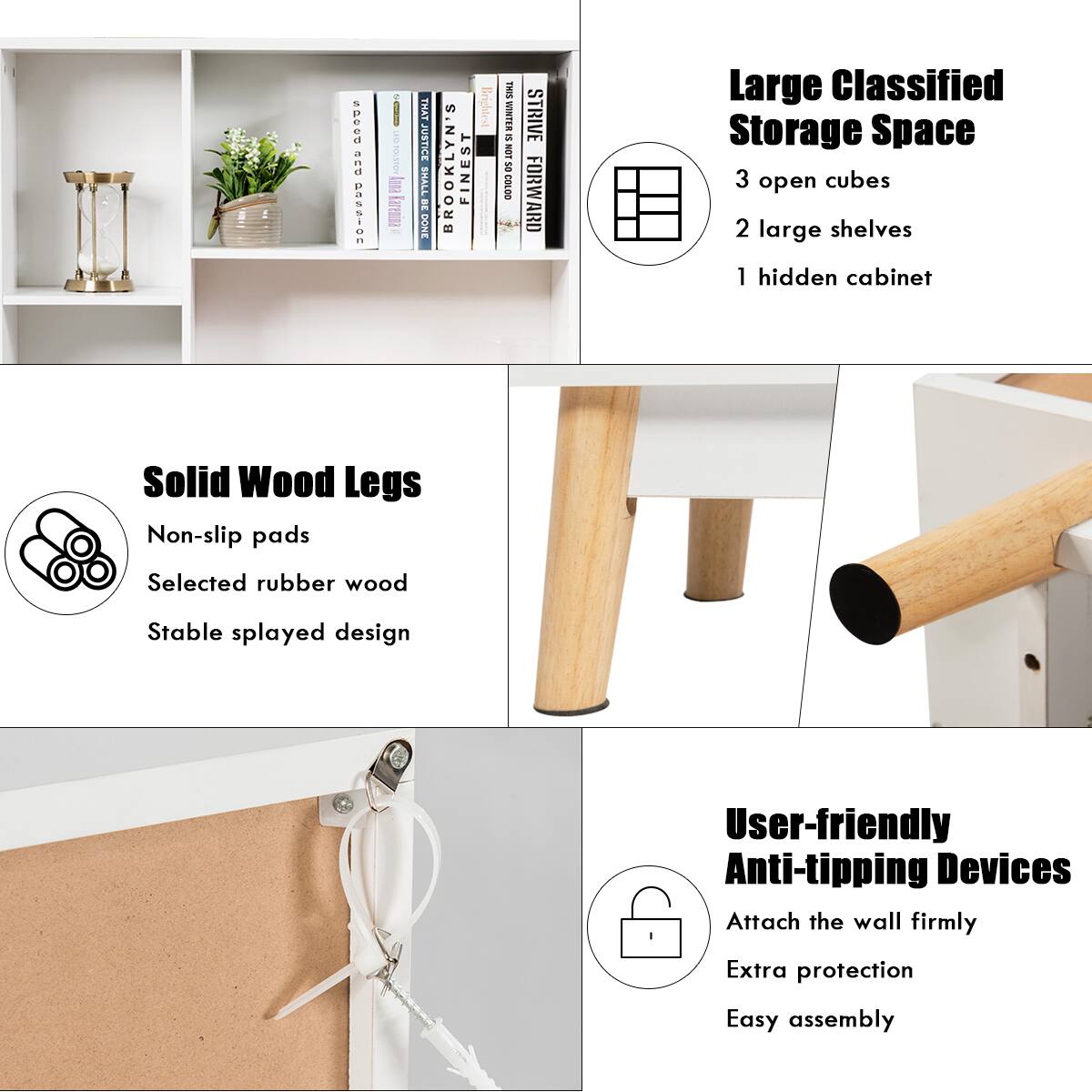 The text on the image is grouped and corrected as follows:

1. Large Classified Storage Space: 3 open cubes, 2 large shelves, 1 hidden cabinet
2. Solid Wood Legs: Non-slip pads, Selected rubber wood, Stable splayed design
3. User-friendly Anti-tipping Devices: Attach the wall firmly, Extra protection, Easy assembly