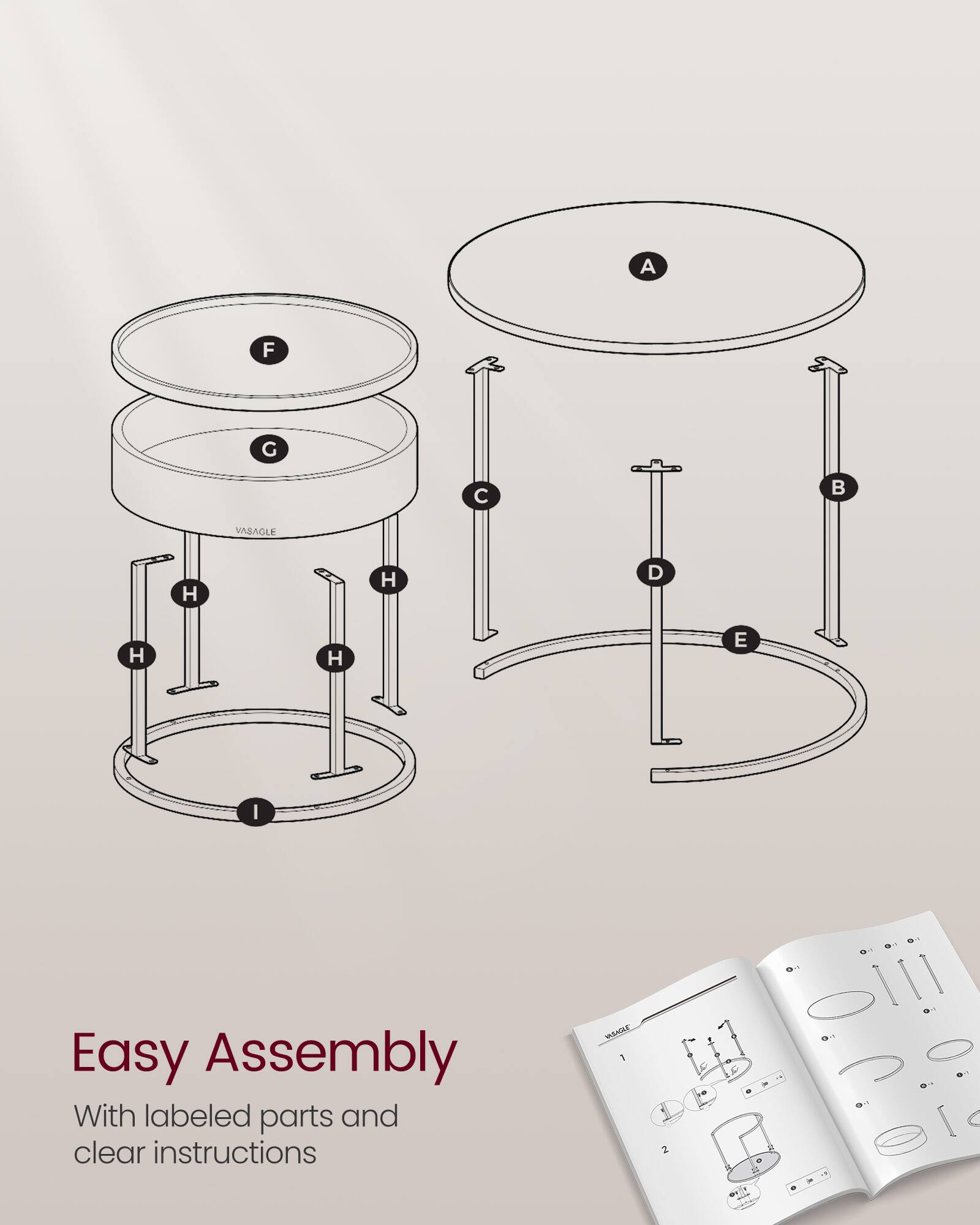 A F G VASAGLE H H D H H E I Easy Assembly With labeled parts and clear instructions
