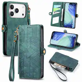 Dteck - Magnetic Wallet Case For Apple iPhone 18 Pro Max, Shockproof Zipper Kickstand Card Holder with Lanyard Flip Cover - Green