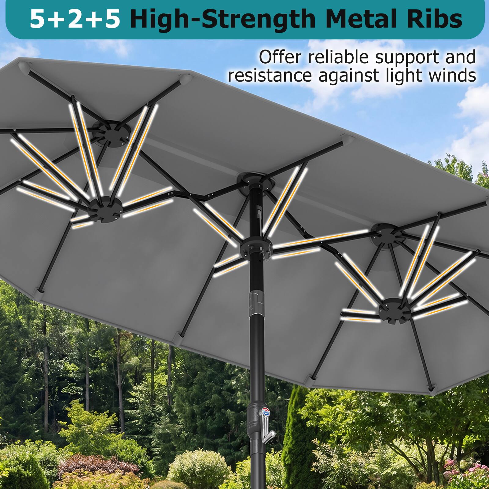 5+2+5 High-Strength Metal Ribs  
Offer reliable support and resistance against light winds
