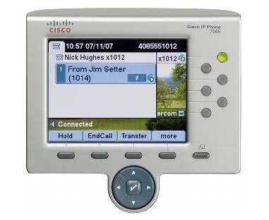 CISCO CiNco IP Phone 7965  
10:57 07/11/07  
4085551012  
Nick Hughes x1012 x1012  
1 From Jim Setter (1014)  
Connected  
Hold EndCall Transfer more