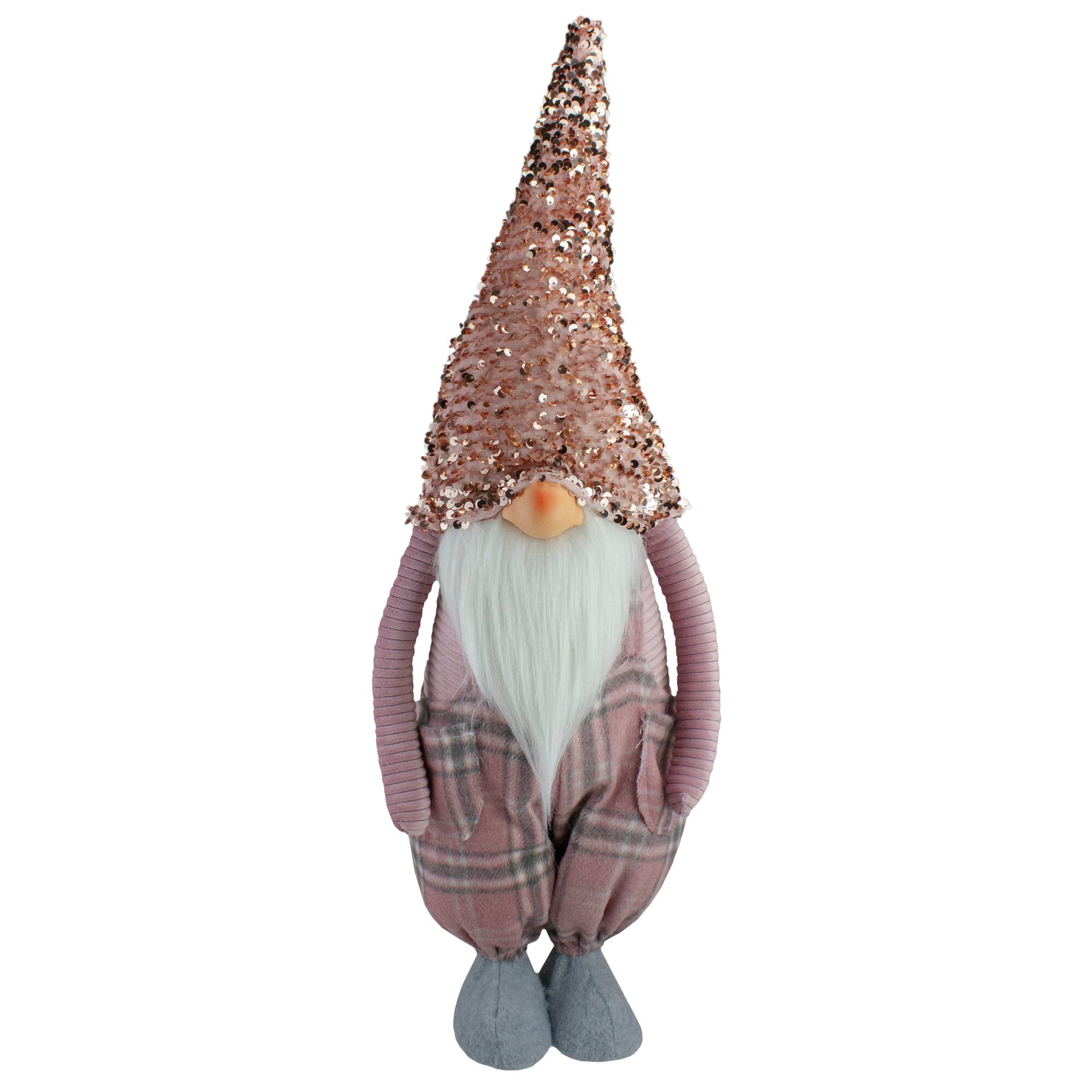 Front. Northlight - Plaid Christmas Gnome with Sequin Hat - 24" - Pink and Gray - Pink.