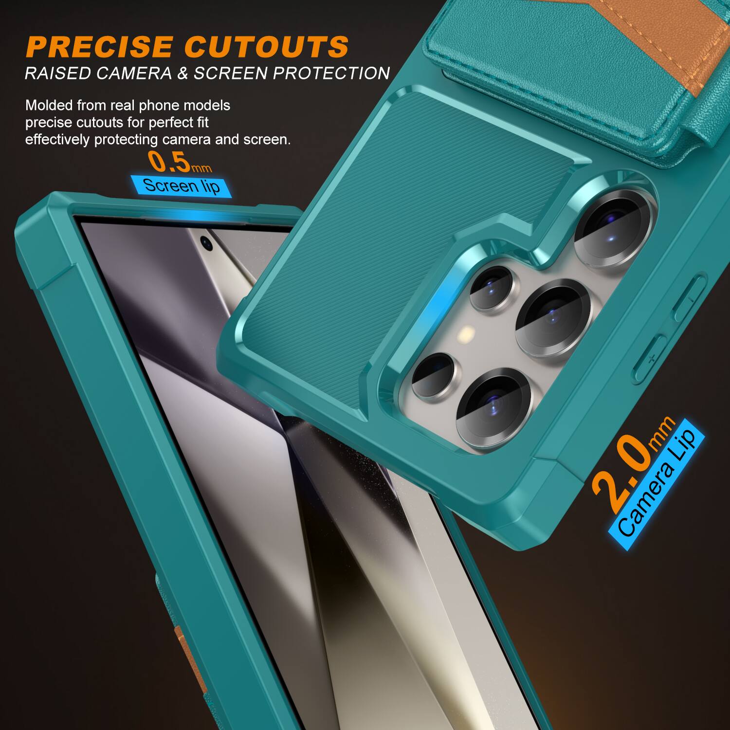 PRECISE CUTOUTS  
RAISED CAMERA & SCREEN PROTECTION  

Molded from real phone models, precise cutouts for perfect fit, effectively protecting camera and screen.  

0.5mm Screen Lip  
2.0mm Camera Lip