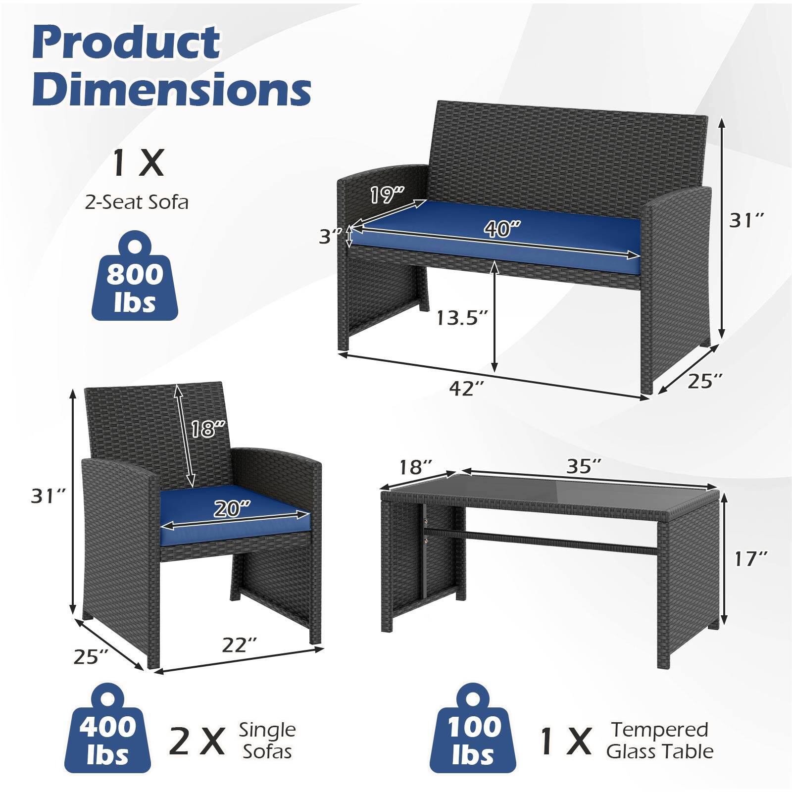 Product Dimensions

1 X 2-Seat Sofa  
800 lbs  
Dimensions: 40" x 19" x 31" x 42" x 13.5" x 25" x 3"

2 X Single Sofas  
400 lbs  
Dimensions: 31" x 20" x 18" x 25" x 22" x 18"

1 X Tempered Glass Table  
100 lbs  
Dimensions: 35" x 17"