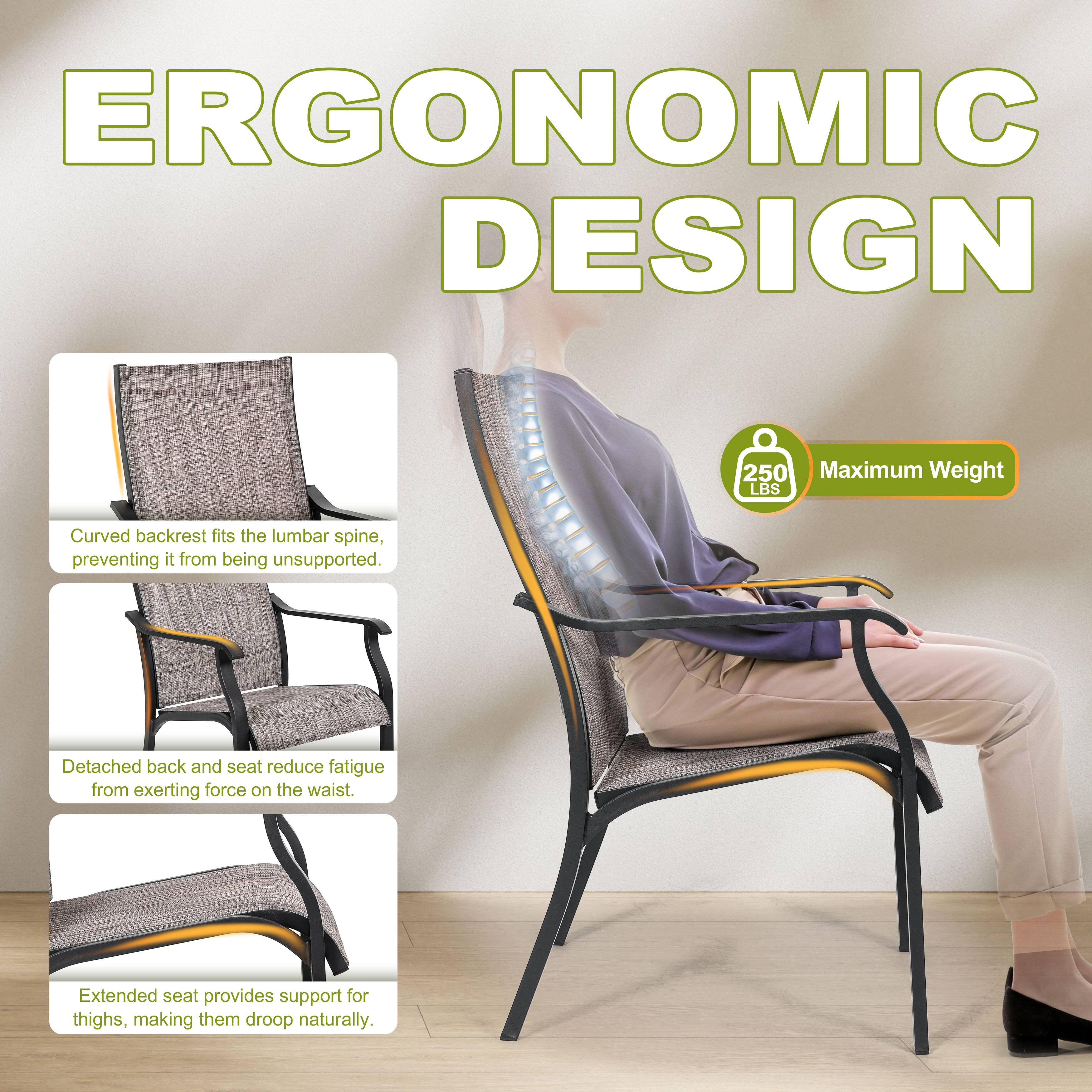 ERGONOMIC DESIGN

- Curved backrest fits the lumbar spine, preventing it from being unsupported.
- Detached back and seat reduce fatigue from exerting force on the waist.
- Extended seat provides support for thighs, making them droop naturally.

Maximum Weight: 250 LBS