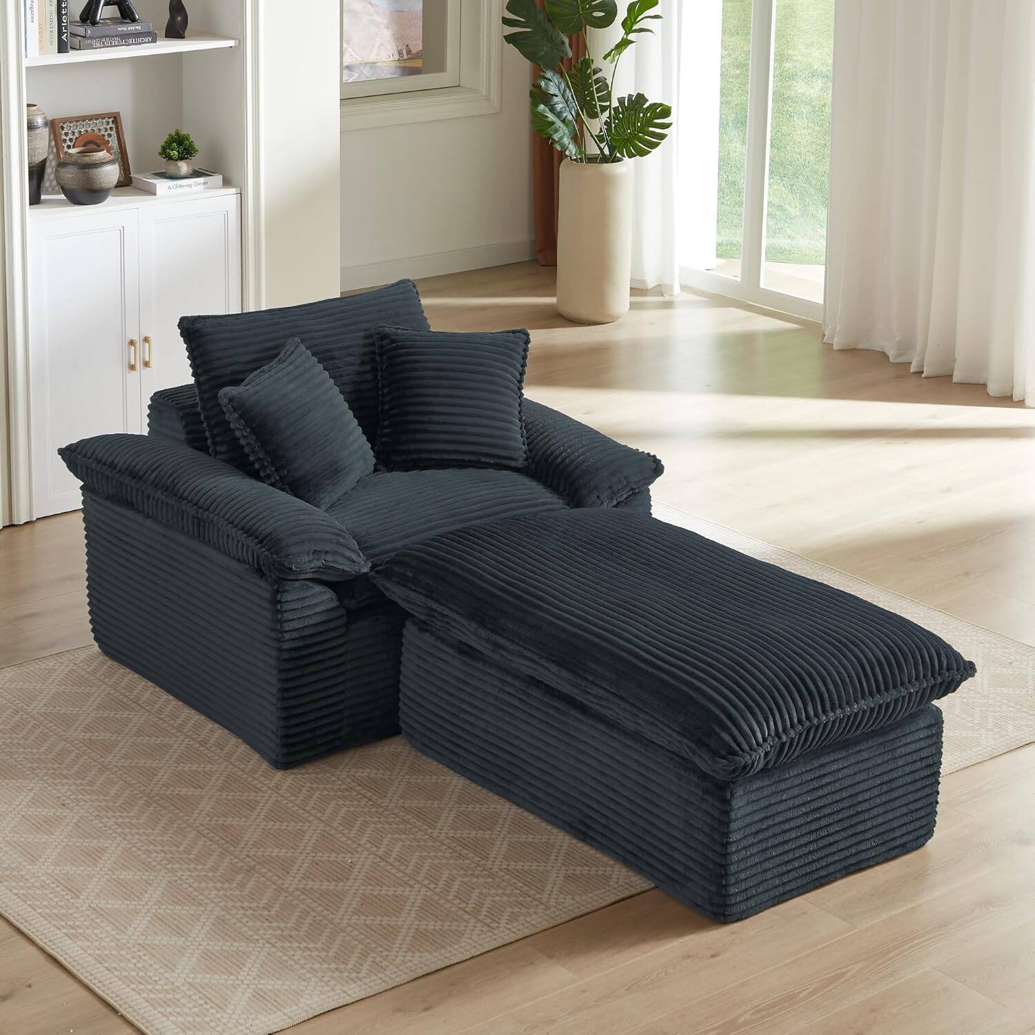 Alt View 5. Trinkets Crazed - Modern Oversized Single Sofa Chair with Footrest Upholstered Chaise Lounge - dark gray.