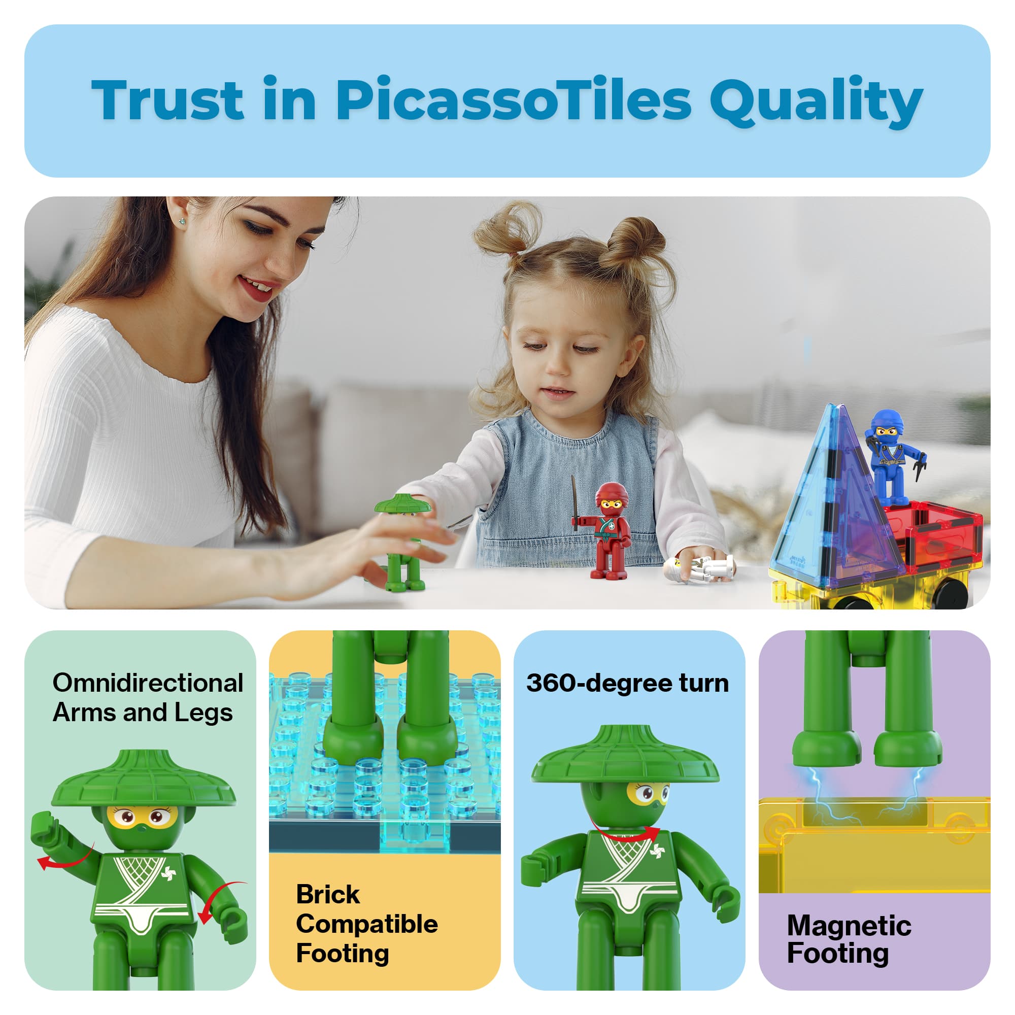 PicassoTiles PICASSO TILES 4 PC Ninja Character Set, Magnetic