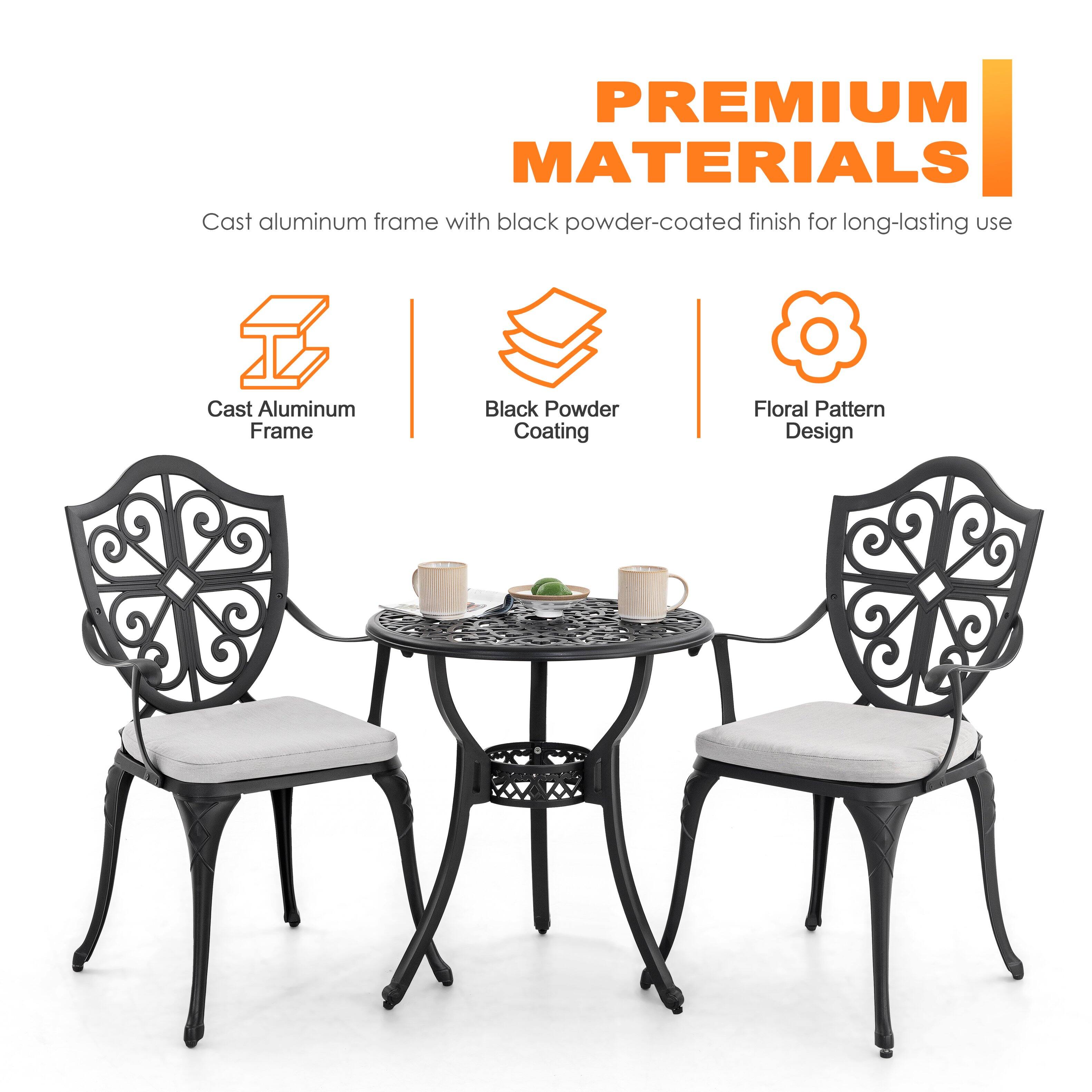 PREMIUM MATERIALS  
Cast aluminum frame with black powder-coated finish for long-lasting use  
- Cast Aluminum Frame  
- Black Powder Coating  
- Floral Pattern Design