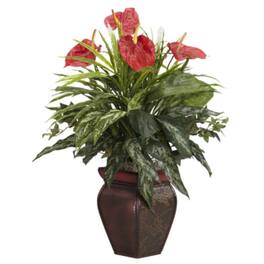 BreeBe - Mixed Greens & Anthurium w/Decorative Vase Silk Plant - Red