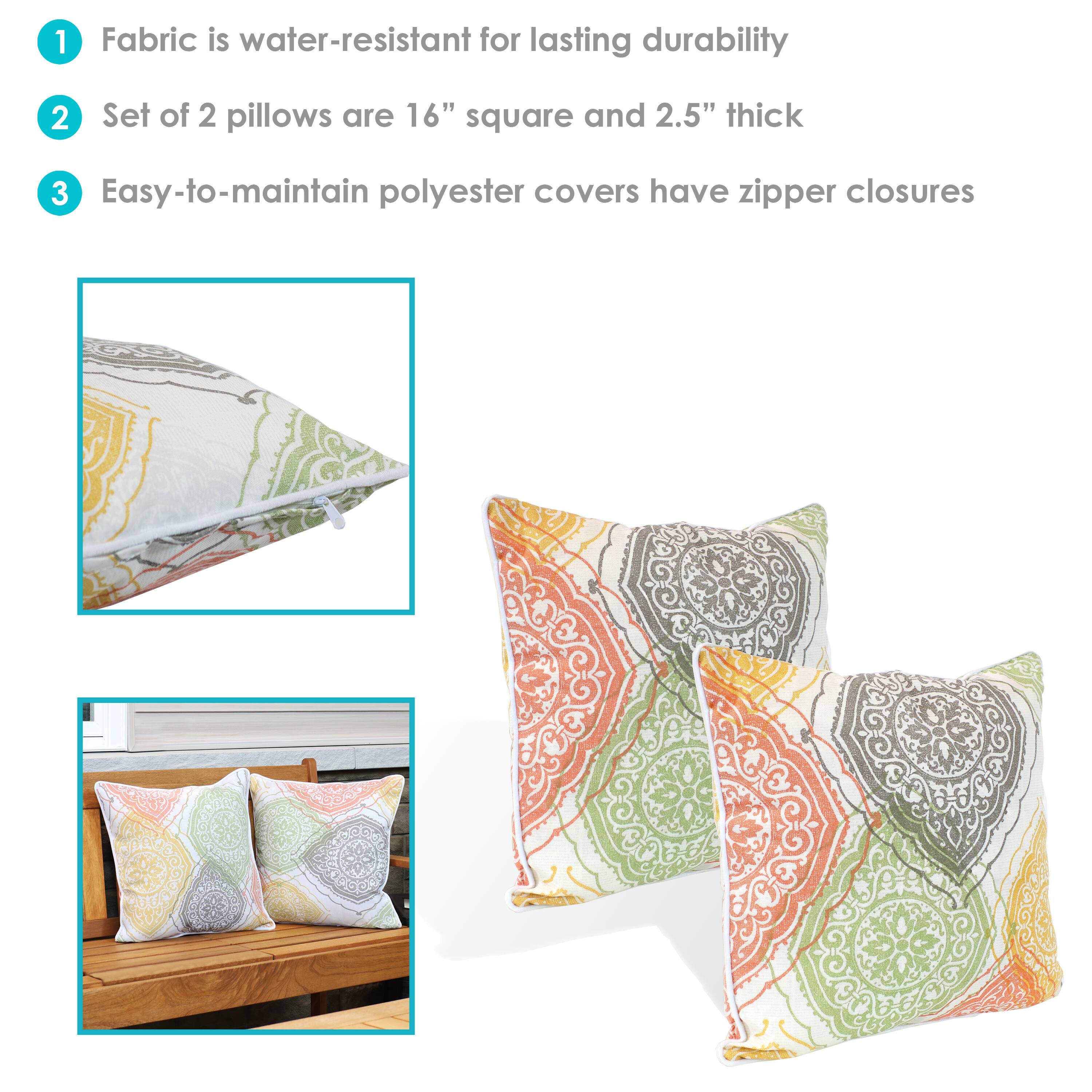 1. Fabric is water-resistant for lasting durability  
2. Set of 2 pillows are 16" square and 2.5" thick  
3. Easy-to-maintain polyester covers have zipper closures