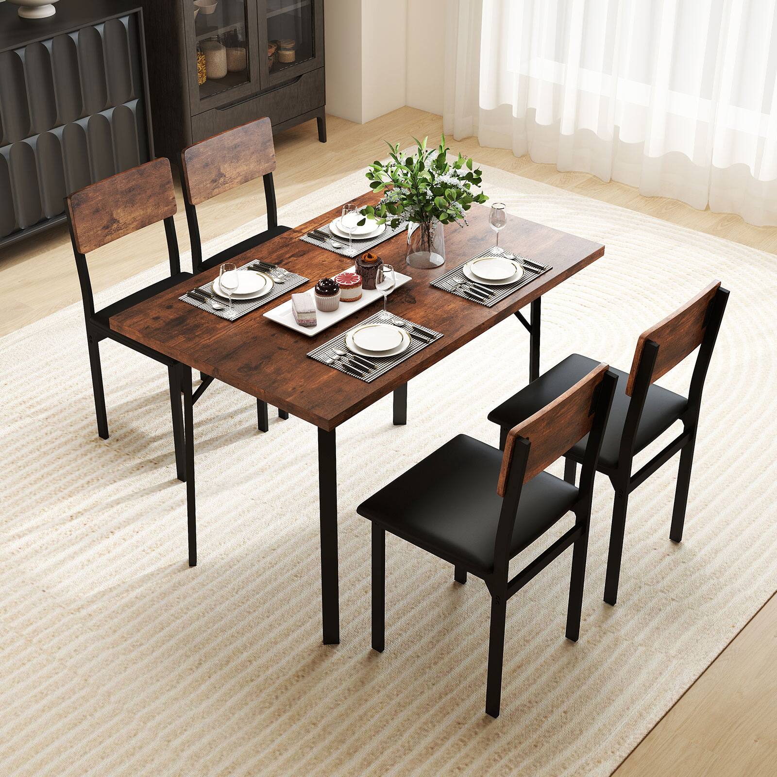 Alt View 1. Gymax - Gymax 5-Piece Dining Set for 4 47'' Round Kitchen Table 4 Stools w/ Wooden Tabletop - Brown.