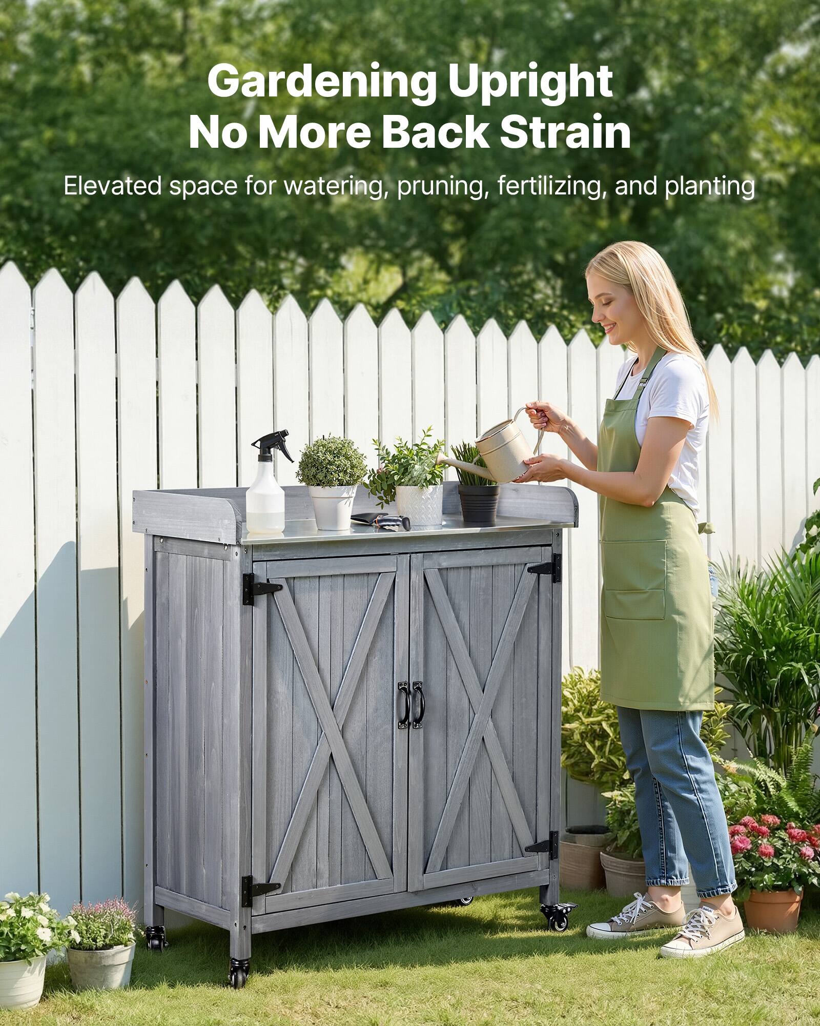 Gardening Upright  
No More Back Strain  

Elevated space for watering, pruning, fertilizing, and planting