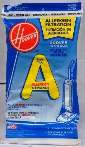 PACKAGE PAQUETE 4010100A  
RESEALABLE RESEALABLE RESEALABLE RESEALABLE RESEALABLE  

ALLERGEN FILTRATION FILTRACIÓN DE ALÉRGENOS  
HOVER FILTER BAGS BOLSAS DE FILTRO DE HOVER  

Type Tipo A  
ALLERGEN ALÉRGENOS  

Fits all HOVER Upright Cleaners using Type A bags  
Se ajusta a todas las limpiadoras verticales de HOVER con bolsas Tipo A  

3 ALLERGEN FILTRATION BAGS  
3 BOLSAS DE FILTRACIÓN DE ALÉRGENOS